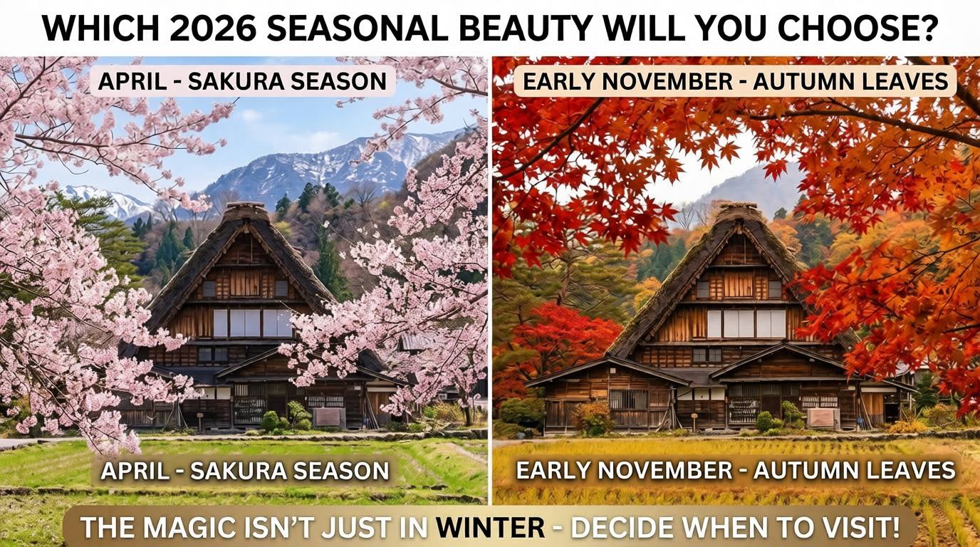 A collage showing the same traditional Japanese farmhouse in two seasons: one with pink cherry blossoms in spring and one with red autumn leaves.