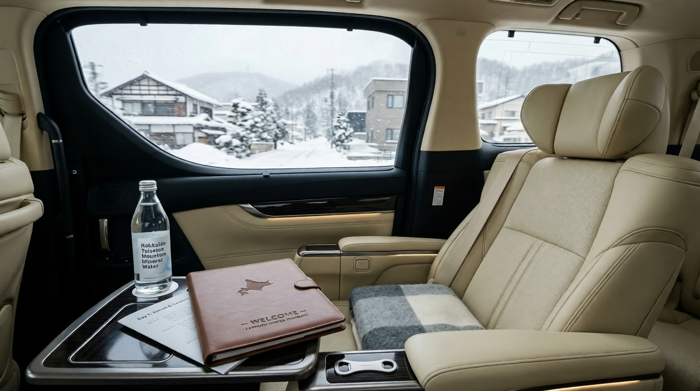 The interior of a luxury vehicle featuring cream leather seats, a personalized travel itinerary, and a view of the snowy Hokkaido landscape.