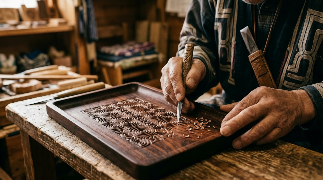 A detailed close-up of a Japanese artisan's hands carving traditional Ainu motifs into wood, representing the preservation of indigenous cultural craftsmanship.