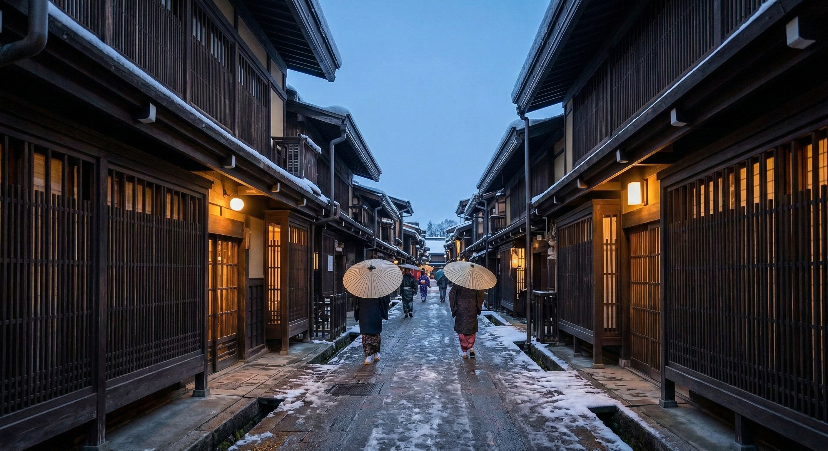 View down a historical, snow-dusted street in Sanmachi Suji, Takayama, showcasing continuous rows of traditional dark timber buildings with detailed wooden latticework windows, projecting upper floors, and warm interior lighting at twilight.