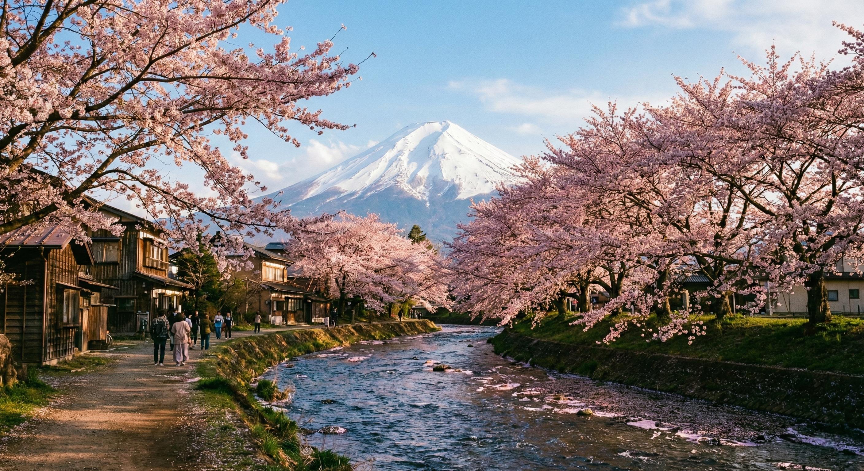 A picturesque view of pink cherry blossoms in full bloom lining a river at Oshino Hakkai, with the snow-capped Mount Fuji towering in the background under a blue sky.