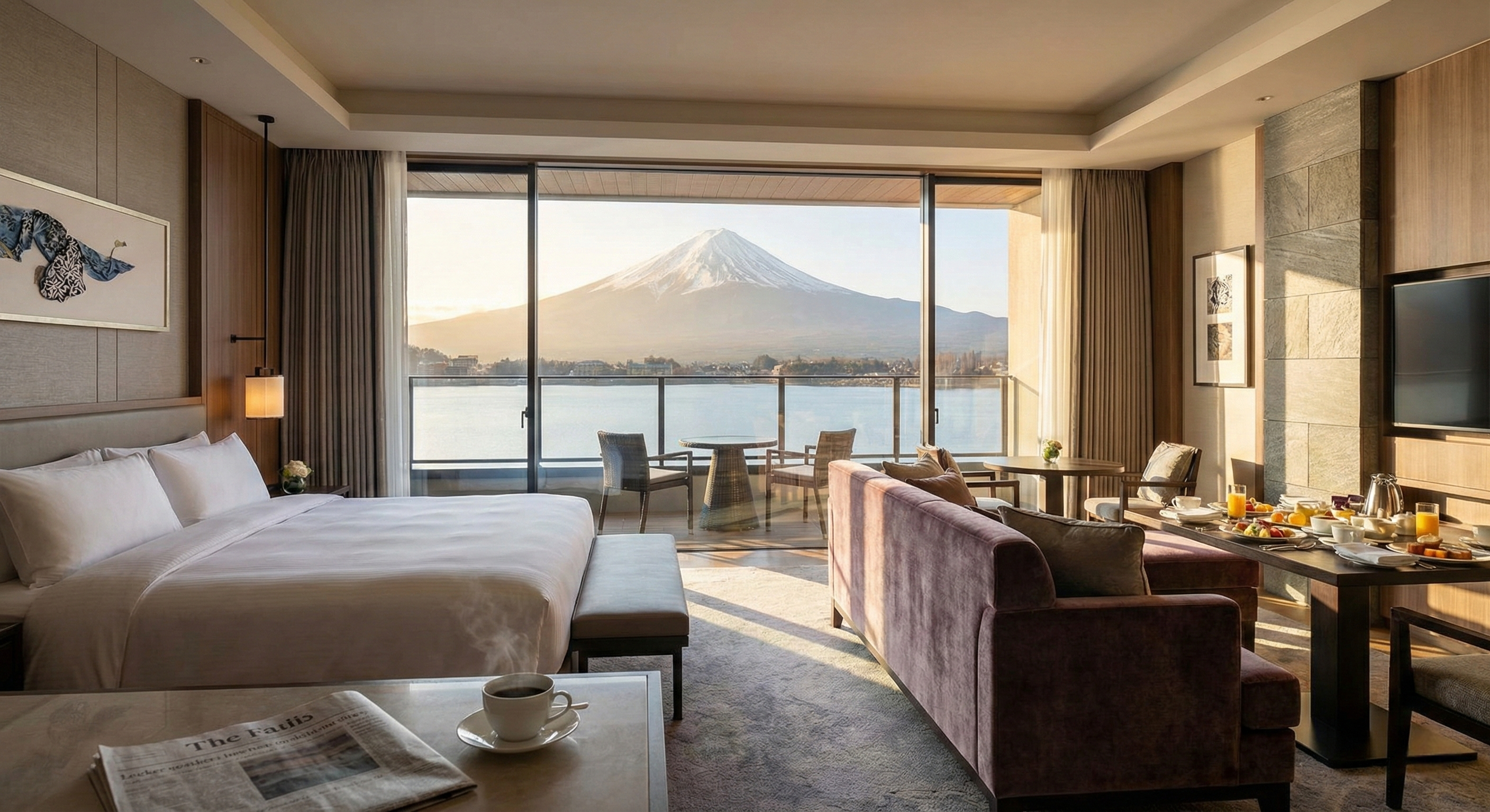 A luxurious hotel suite features a private balcony and floor-to-ceiling windows offering a panoramic view of Mount Fuji across the blue waters of Lake Kawaguchi.
