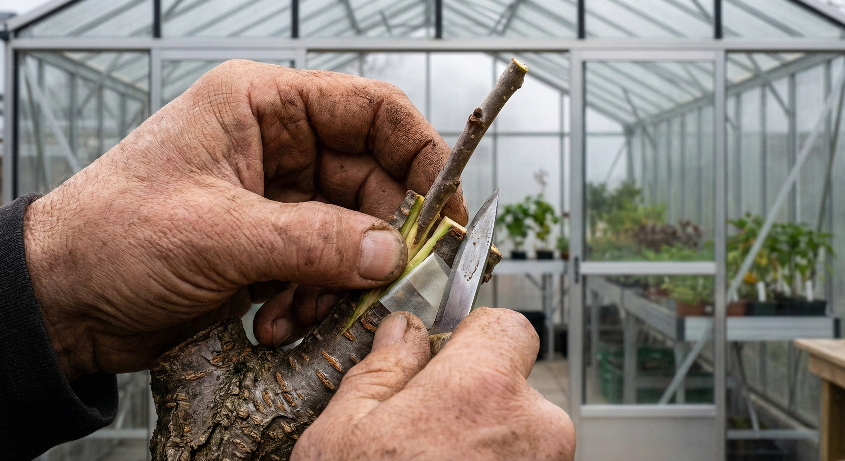 A close-up of a gardener's hands performing a precise cleft graft on a young cherry tree trunk within a bright, modern research greenhouse facility in Japan.