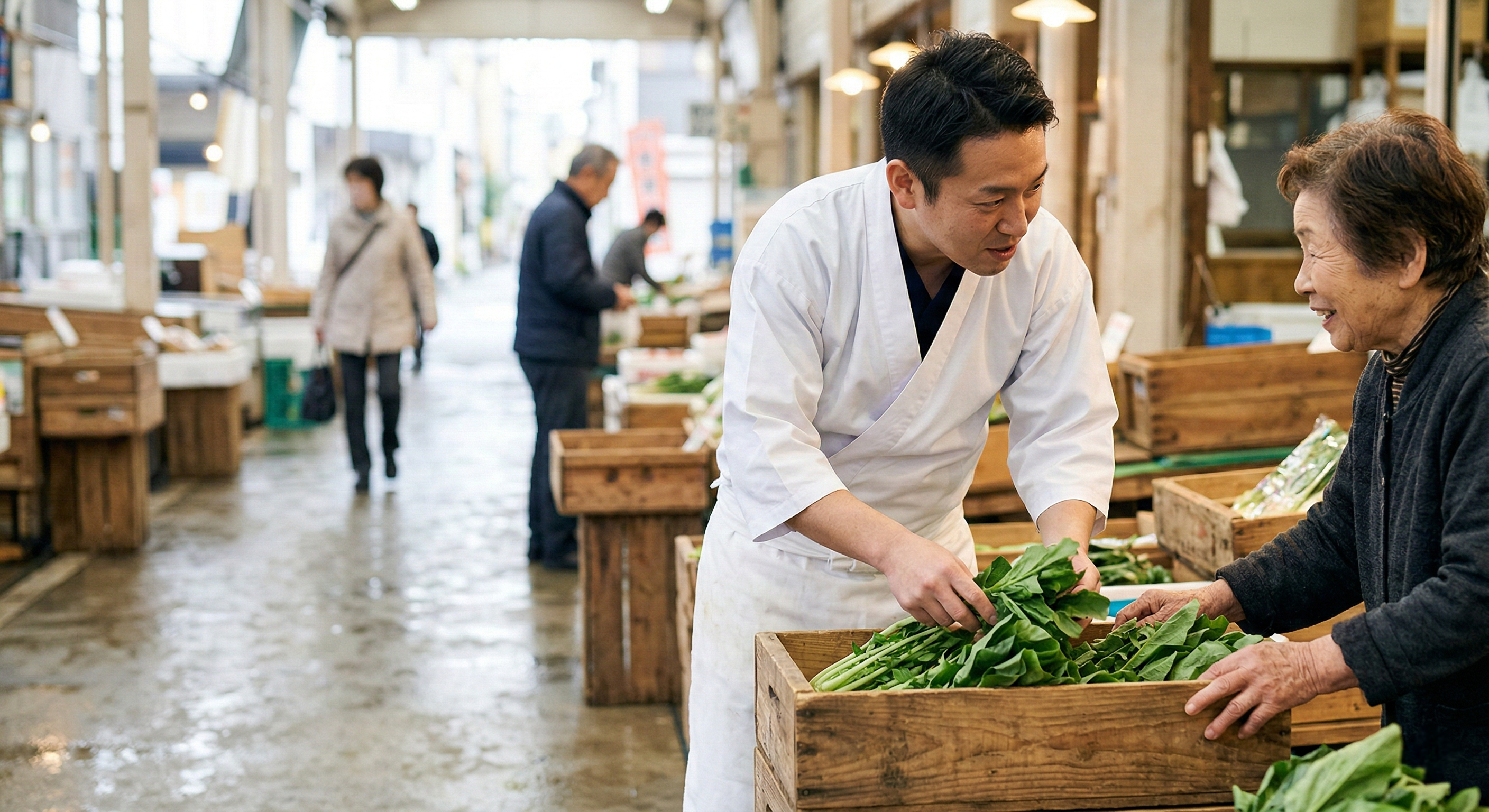An early morning scene at Nishiki Market featuring a chef in professional attire inspecting fresh produce while speaking with a vendor in a quiet, authentic atmosphere before the crowds arrive.