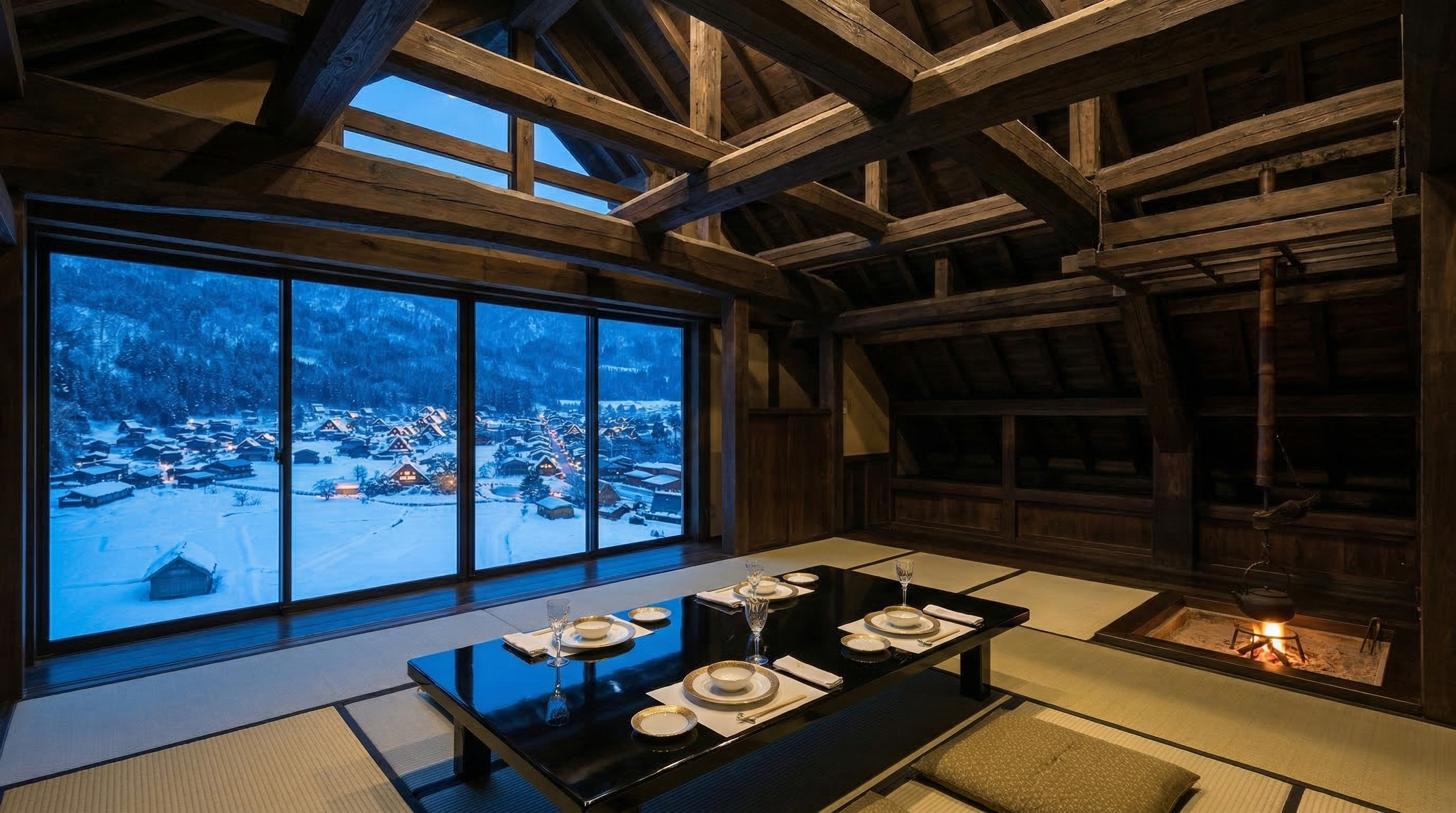 An elegant private dining room inside a traditional gassho-zukuri house, featuring a set table with fine lacquerware and a panoramic window overlooking a twilight snow scene.