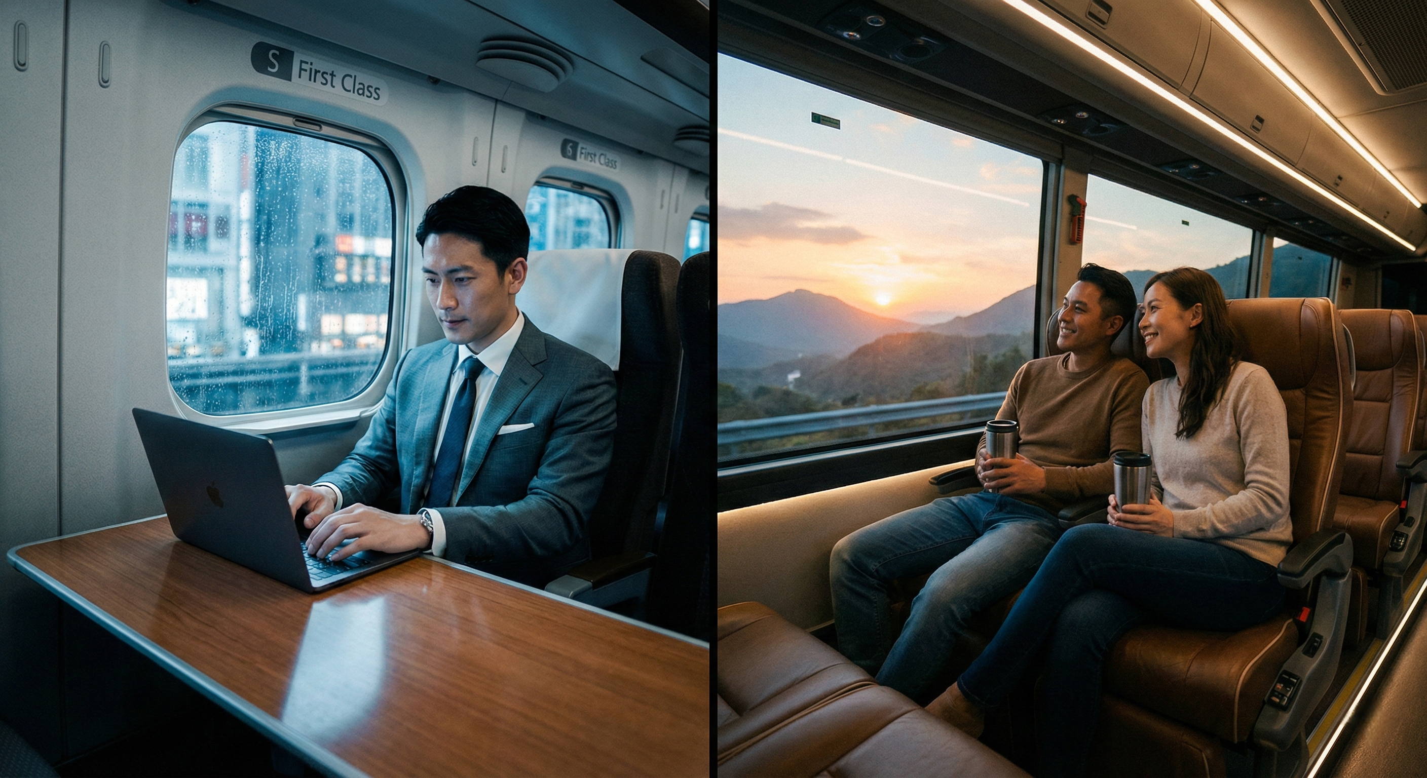 A split-screen image showing a business traveler working on a high-speed train and a couple relaxing on a luxury bus, highlighting different travel priorities and styles.