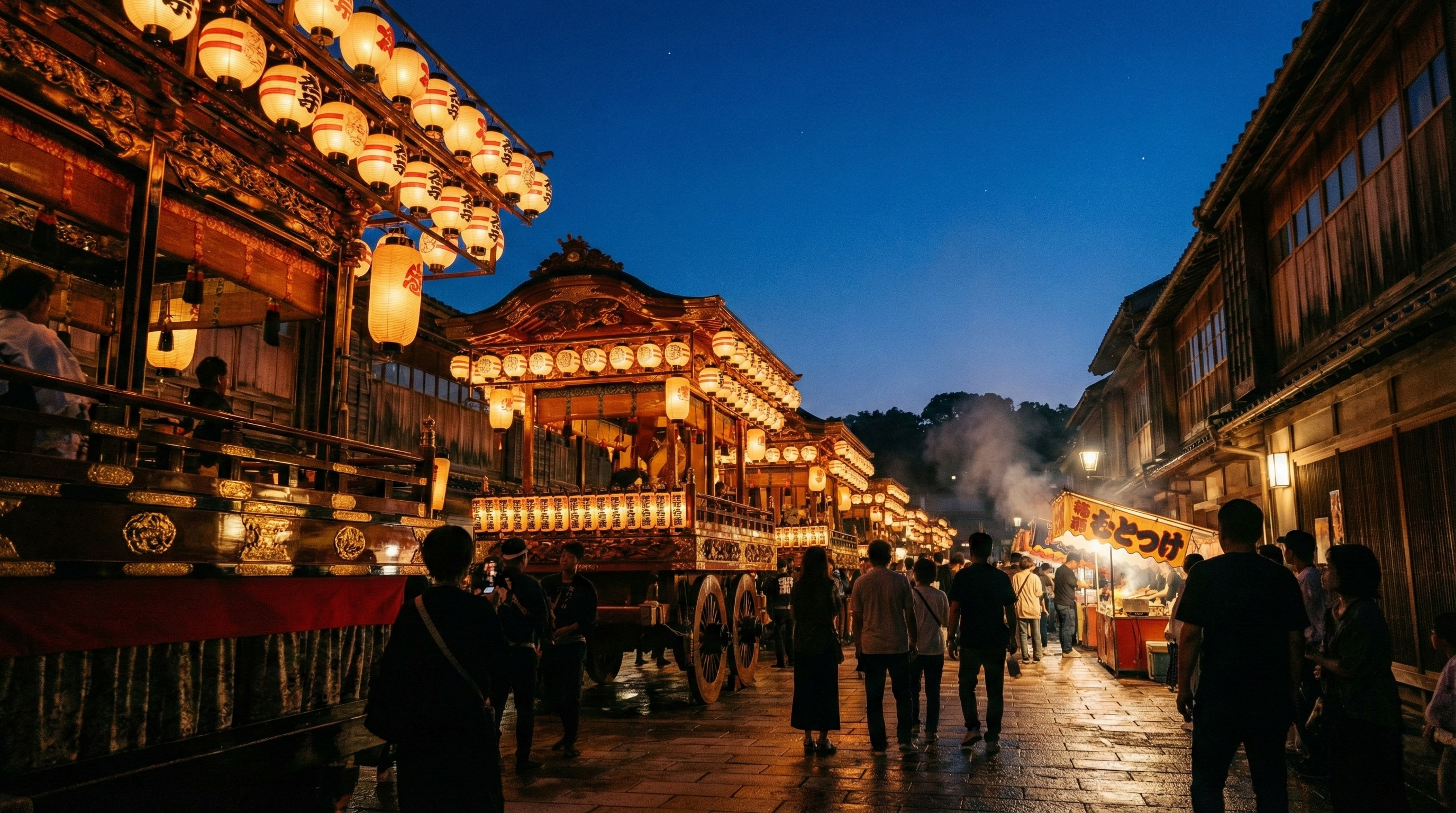 Hundreds of glowing hand-painted paper lanterns illuminate majestic festival floats at dusk, creating a magical and ethereal atmosphere during the celebrated Takayama night festival.