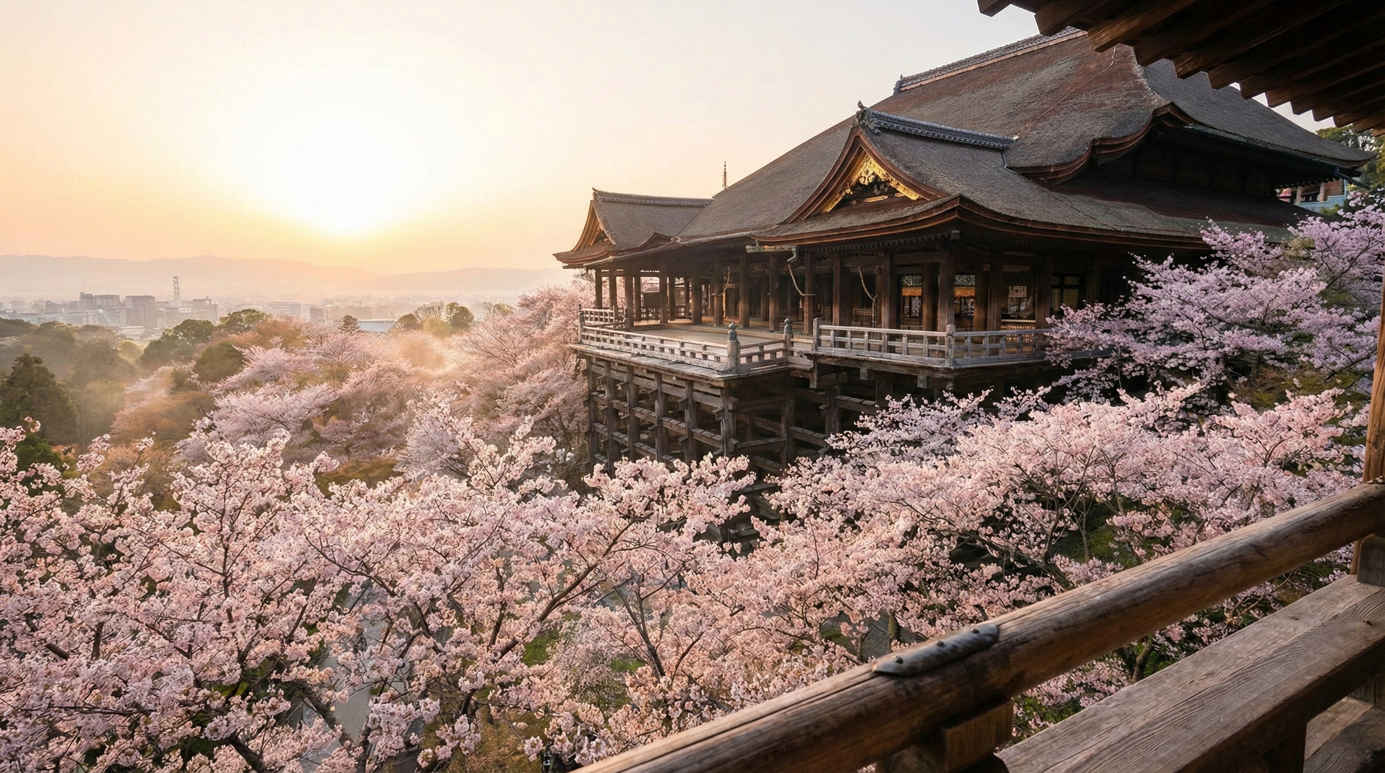 The historic wooden veranda of Kiyomizu-dera temple rises above a dense forest of vibrant pink cherry blossoms in full bloom under a clear blue Kyoto sky.