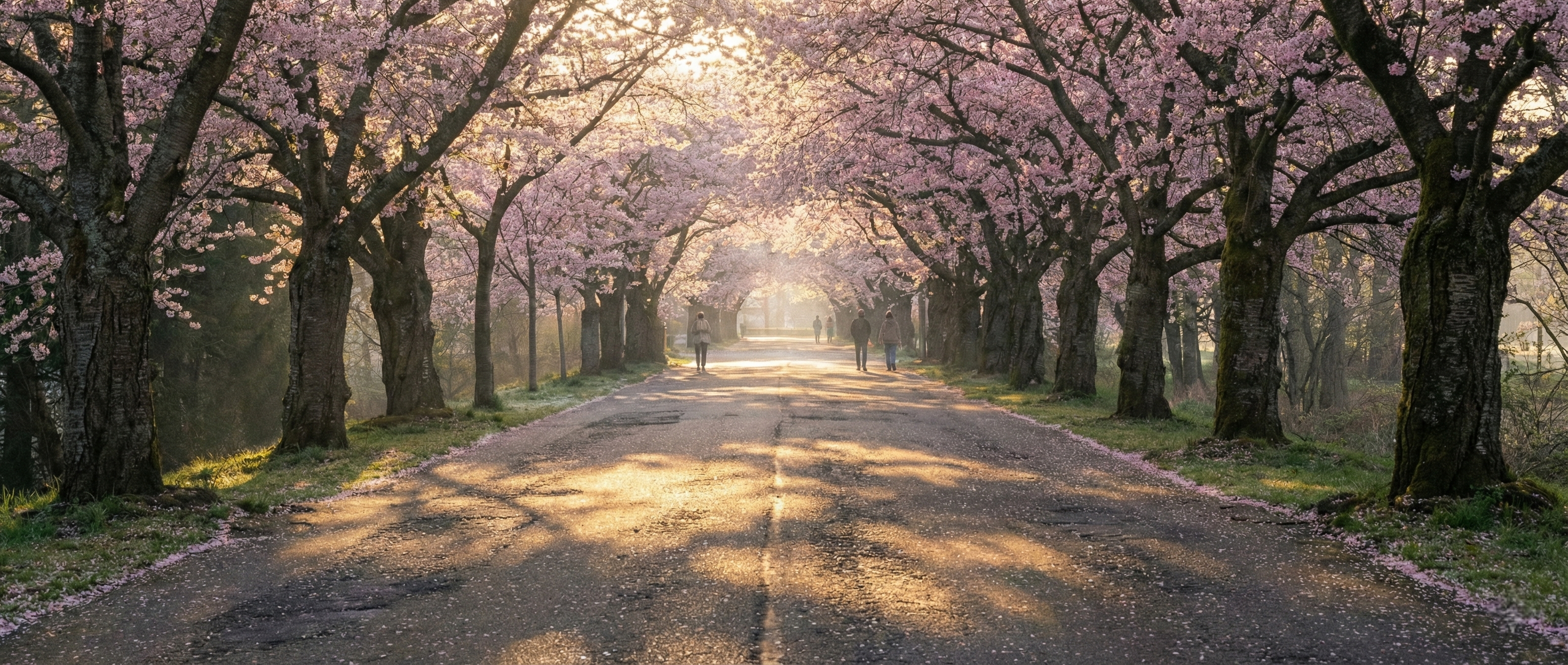 A tranquil morning view of Sakura Dori in Ueno Park with sunlight filtering through a dense canopy of pink cherry blossoms onto a quiet, nearly empty pathway.