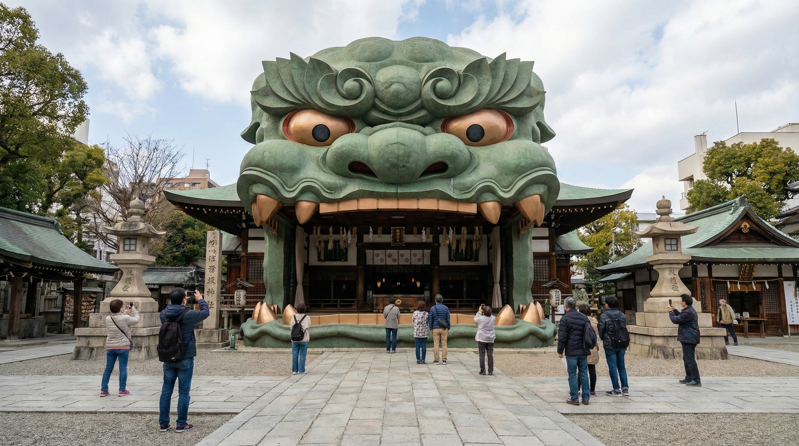 A massive, intricately carved powerful lion-head building at Namba Yasaka Shrine in Osaka, with green scales and wide-open jaws serving as a ceremonial stage for visitors.