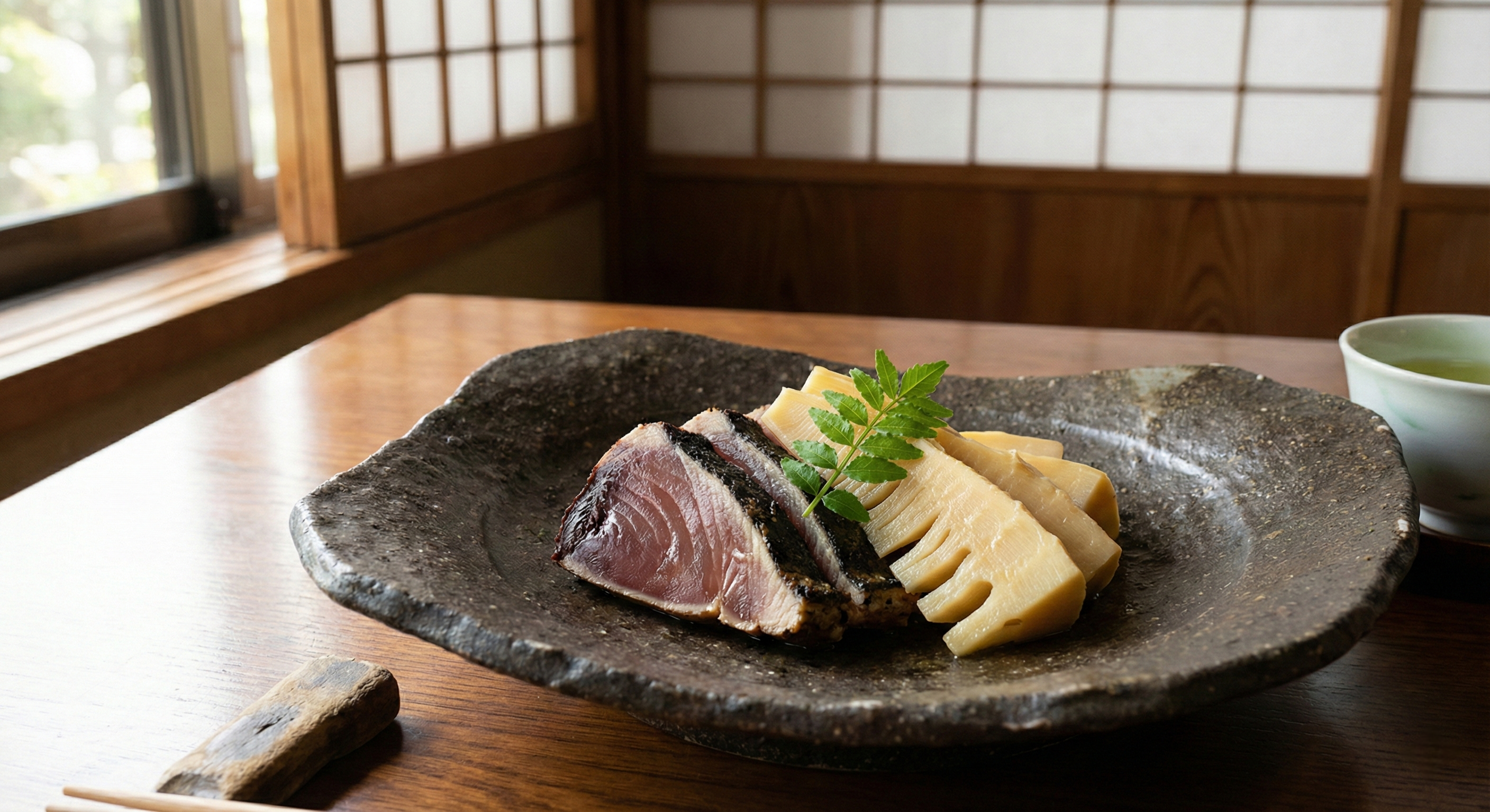 Artistically plated spring bamboo shoots and seared bonito on a handcrafted ceramic dish, showcasing the seasonal 'shun' ingredients central to luxury Kyoto kaiseki cuisine.