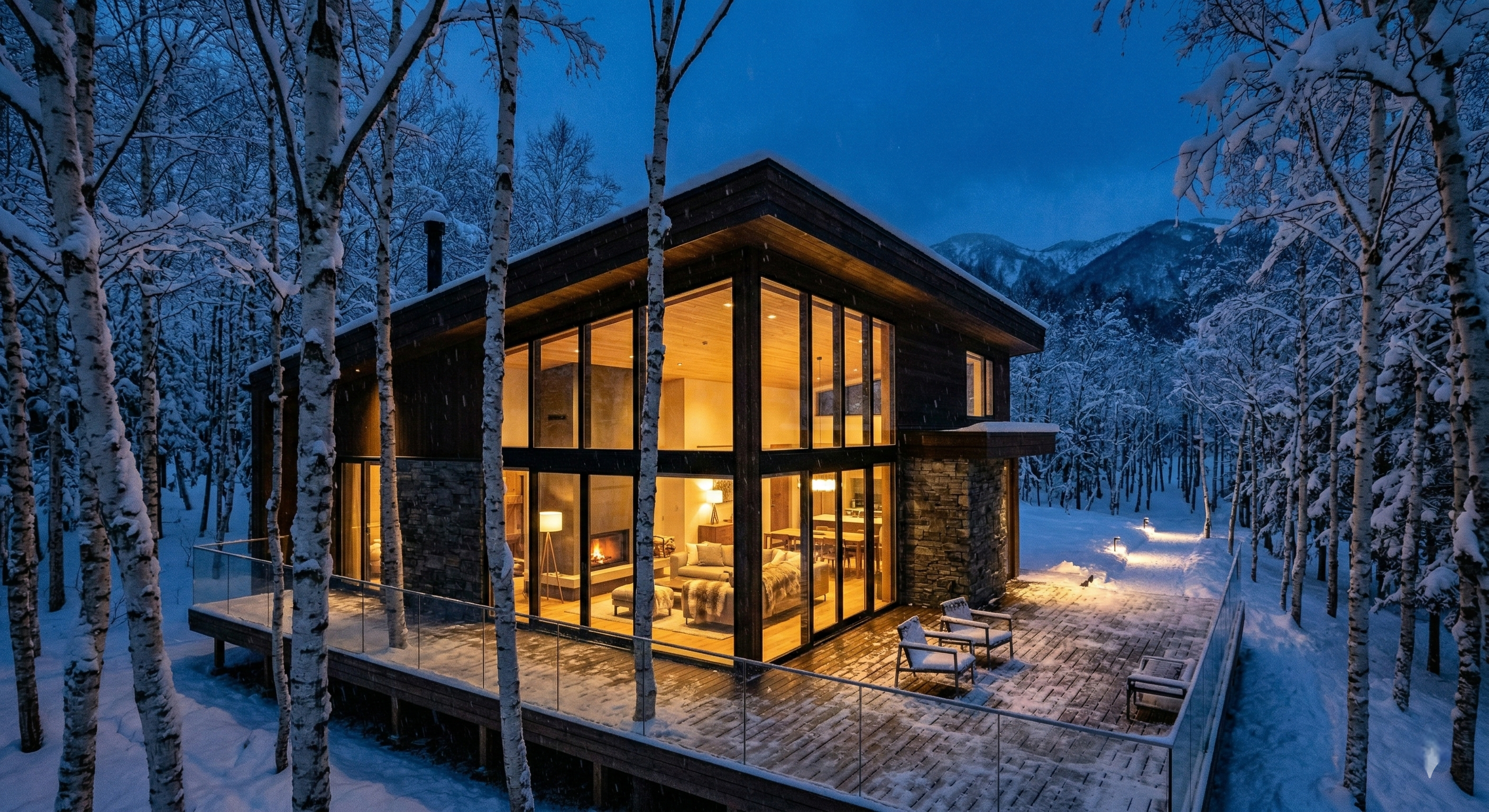 A luxurious modern mountain lodge featuring large glass windows that reveal a serene, snow-covered silver birch forest at twilight, perfectly capturing Hokkaido's world-renowned winter atmosphere and high-end hospitality.