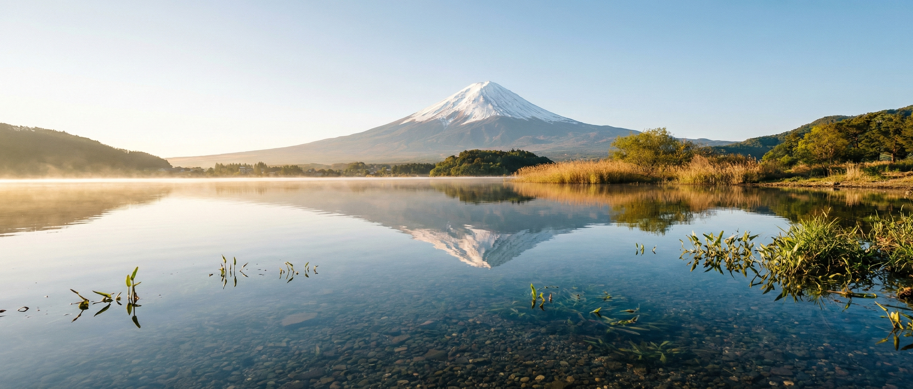 A wide landscape shot of Lake Kawaguchi with Mount Fuji in the background, featuring calm blue waters and vibrant green trees under a clear, bright sky during the daytime.