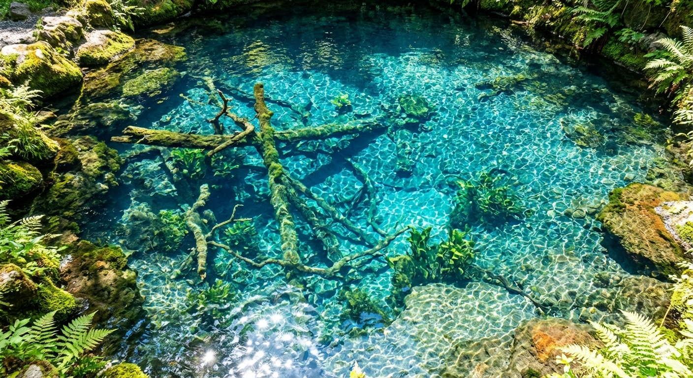 An aerial, polarized view looking directly down into the incredibly clear, deep turquoise water of Waku-ike pond, revealing submerged plants and logs sparkling under the sunlight.