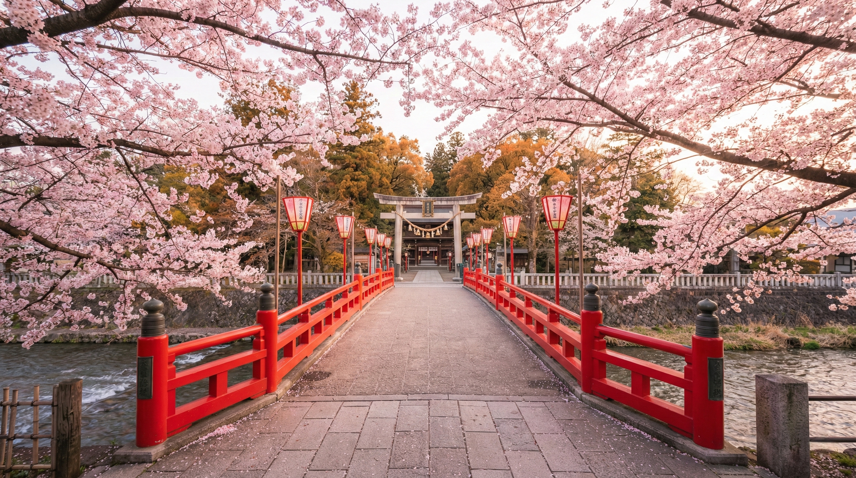 A stunning wide-angle view of the bright red Nakabashi Bridge in Takayama, surrounded by blooming cherry blossoms under a clear blue sky during the sacred spring festival.