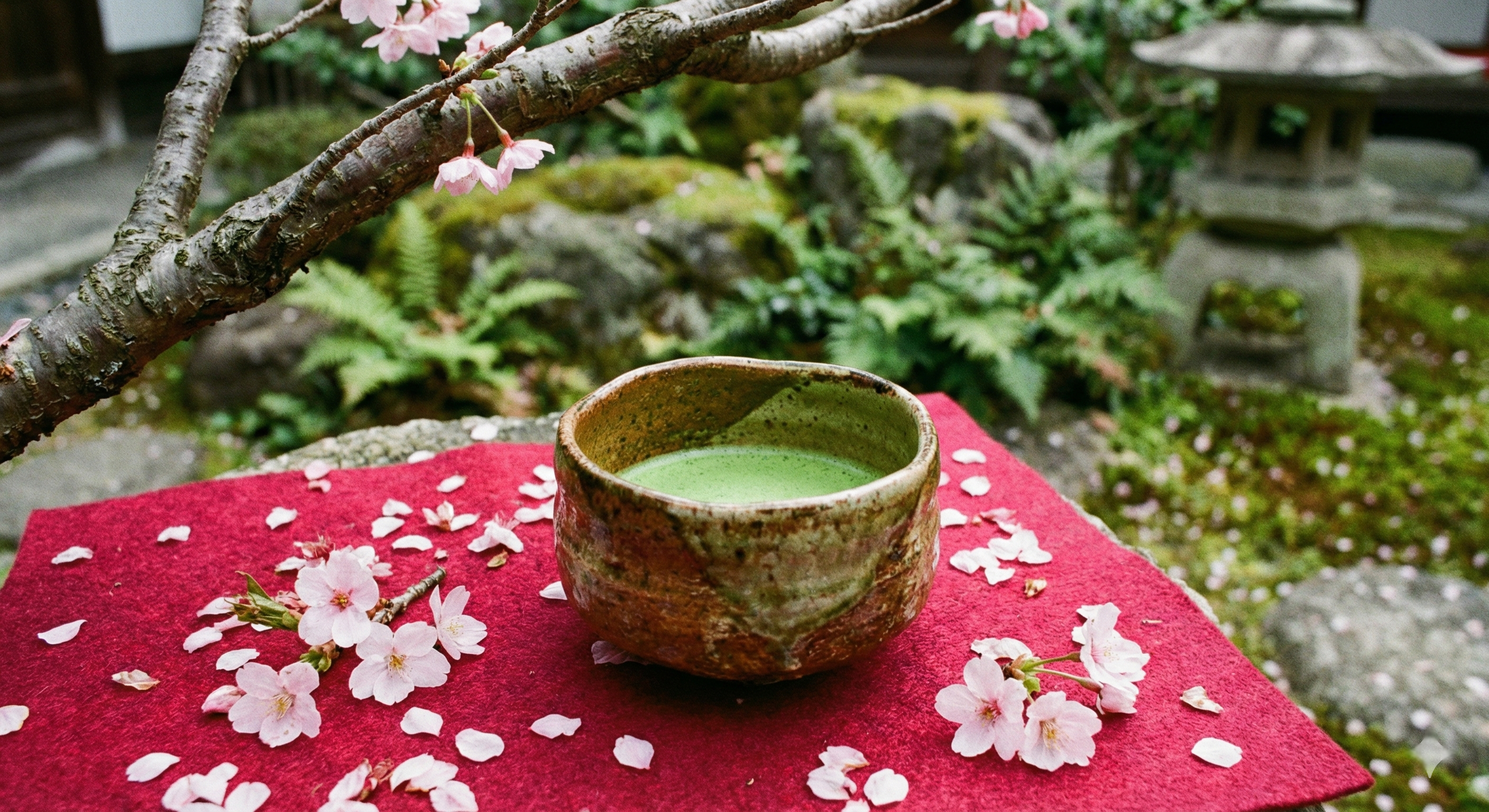 A ceramic matcha tea bowl rests on a red felt mat beneath a cherry blossom tree, with fallen pink petals adding a touch of natural elegance to the scene.