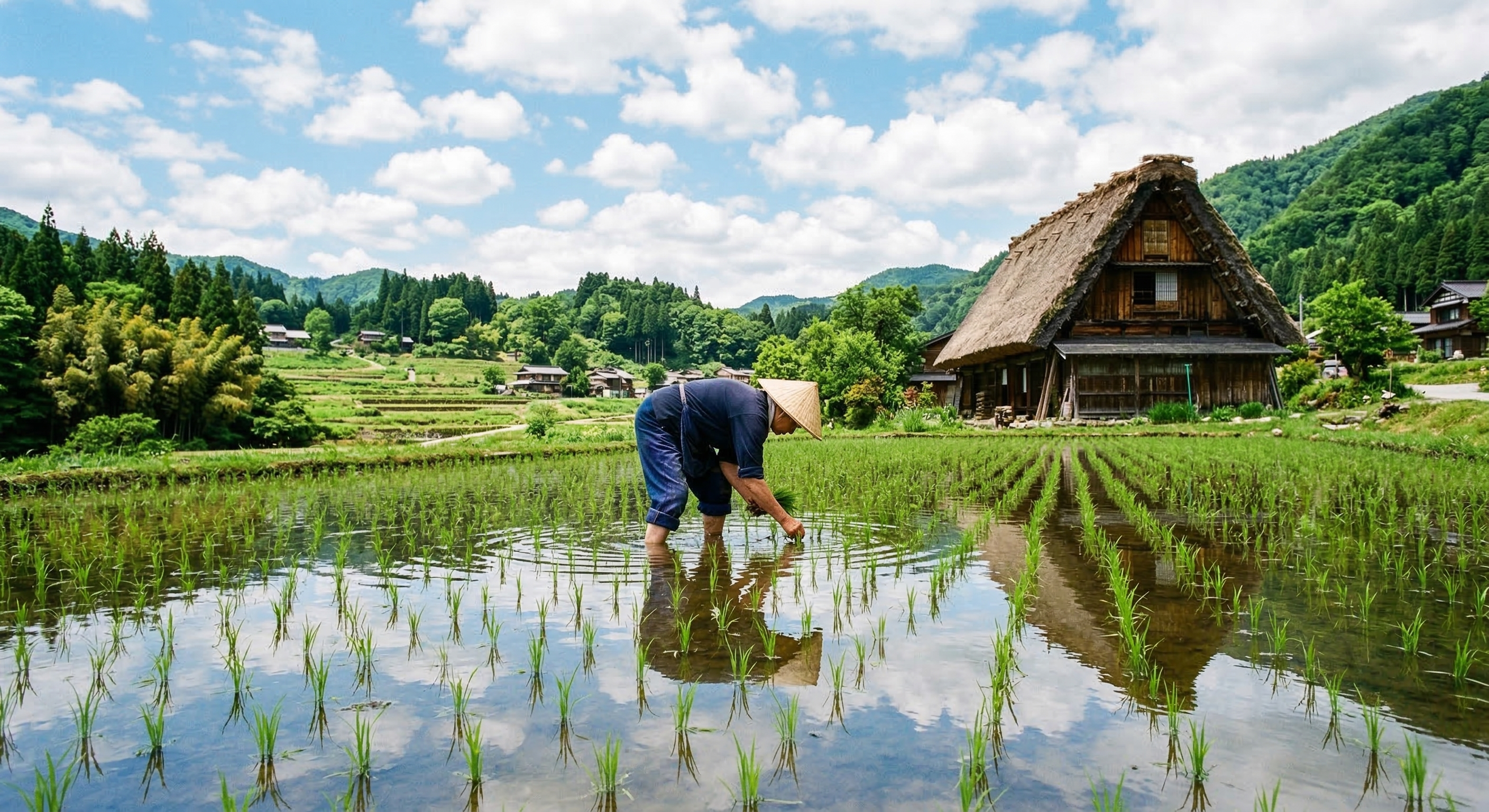 A reflective rice paddy in the foreground shows a local farmer working near a traditional thatched-roof house, illustrating the continuation of ancient agricultural practices in the village.
