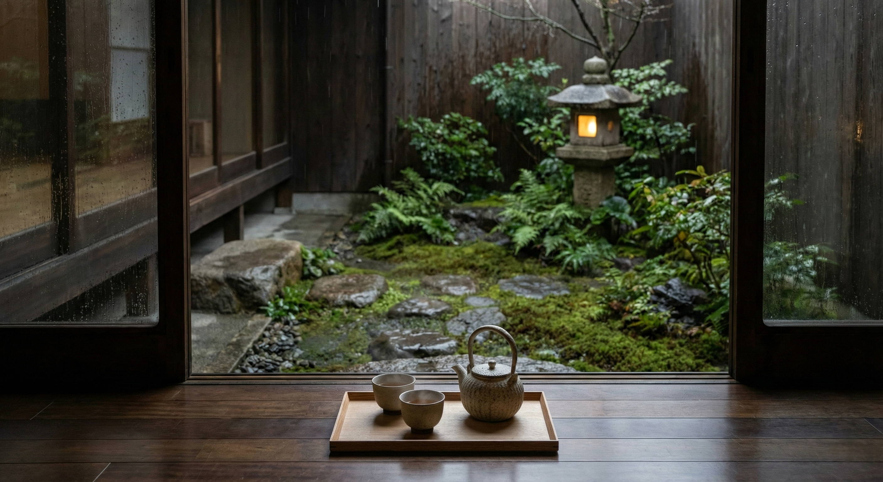 Interior of a renovated traditional Kyoto machiya house with dark wood floors overlooking a private moss garden and a stone lantern in soft daylight.