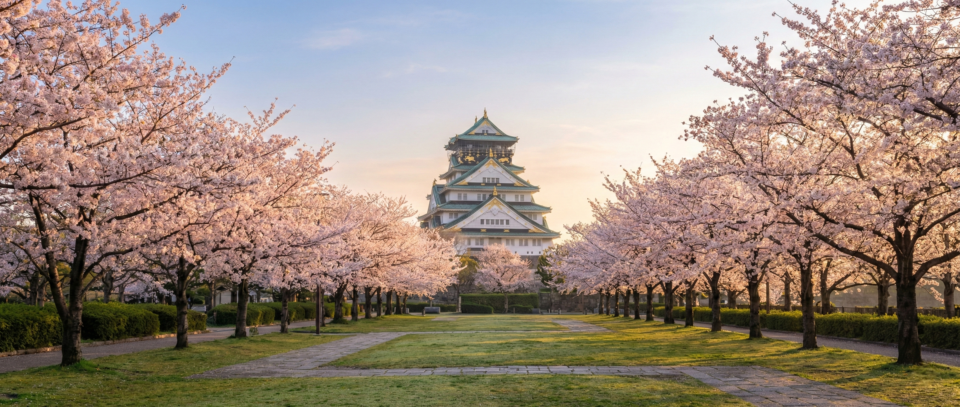 A high-angle view of Nishinomaru Garden during the golden hour, showing neat rows of pink cherry trees perfectly framing the grand Osaka Castle tower under a soft, warm spring sky.