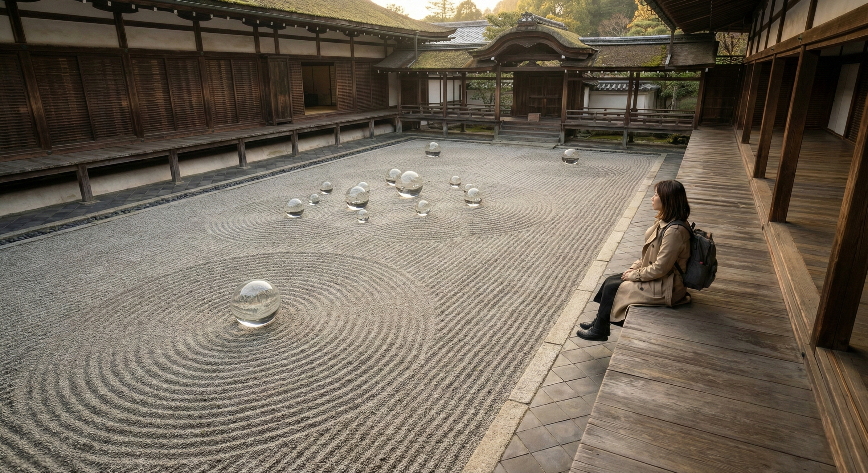 A high-angle view of a traditional Japanese Zen rock garden featuring perfectly raked gravel patterns interrupted by modern, minimalist glass sphere sculptures under soft morning light.