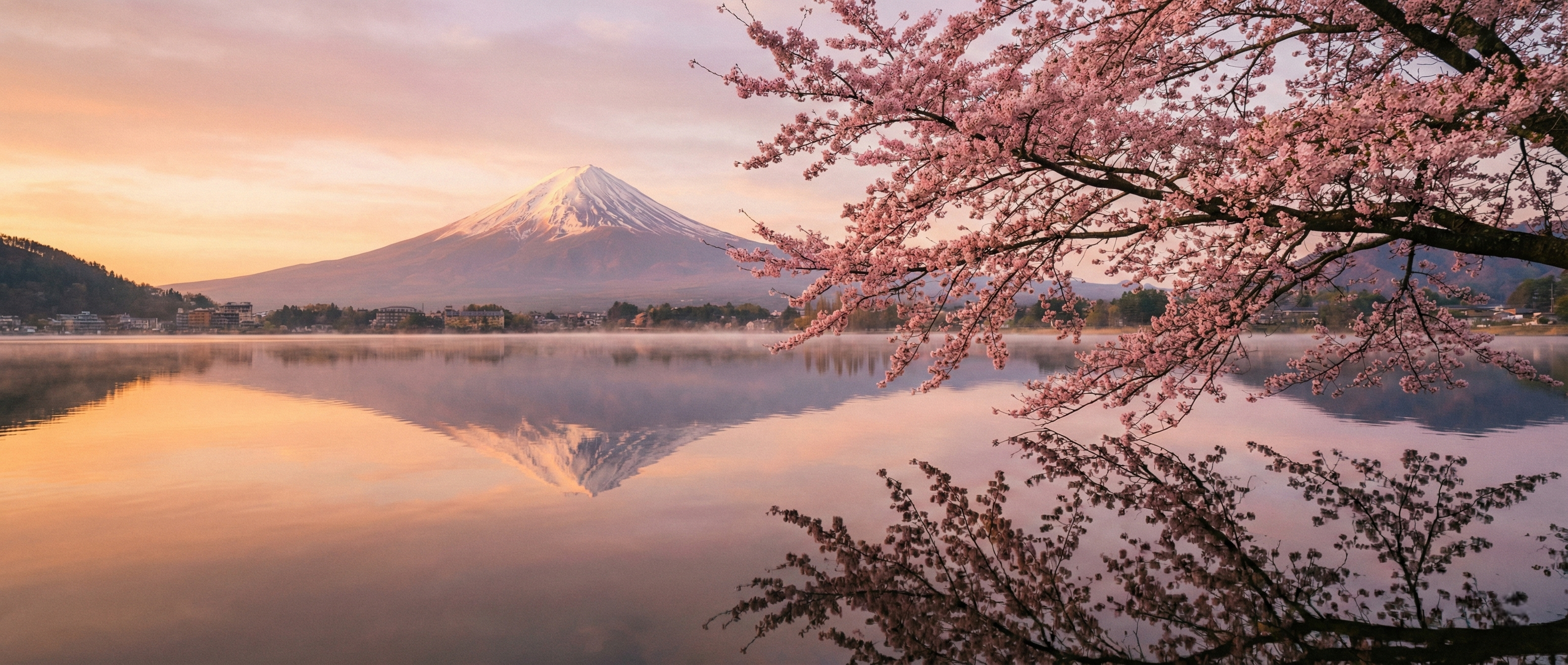 A stunning sunrise view of Mount Fuji mirrored in Lake Kawaguchiko, with delicate cherry blossoms framing the serene, crowd-free landscape in the foreground.