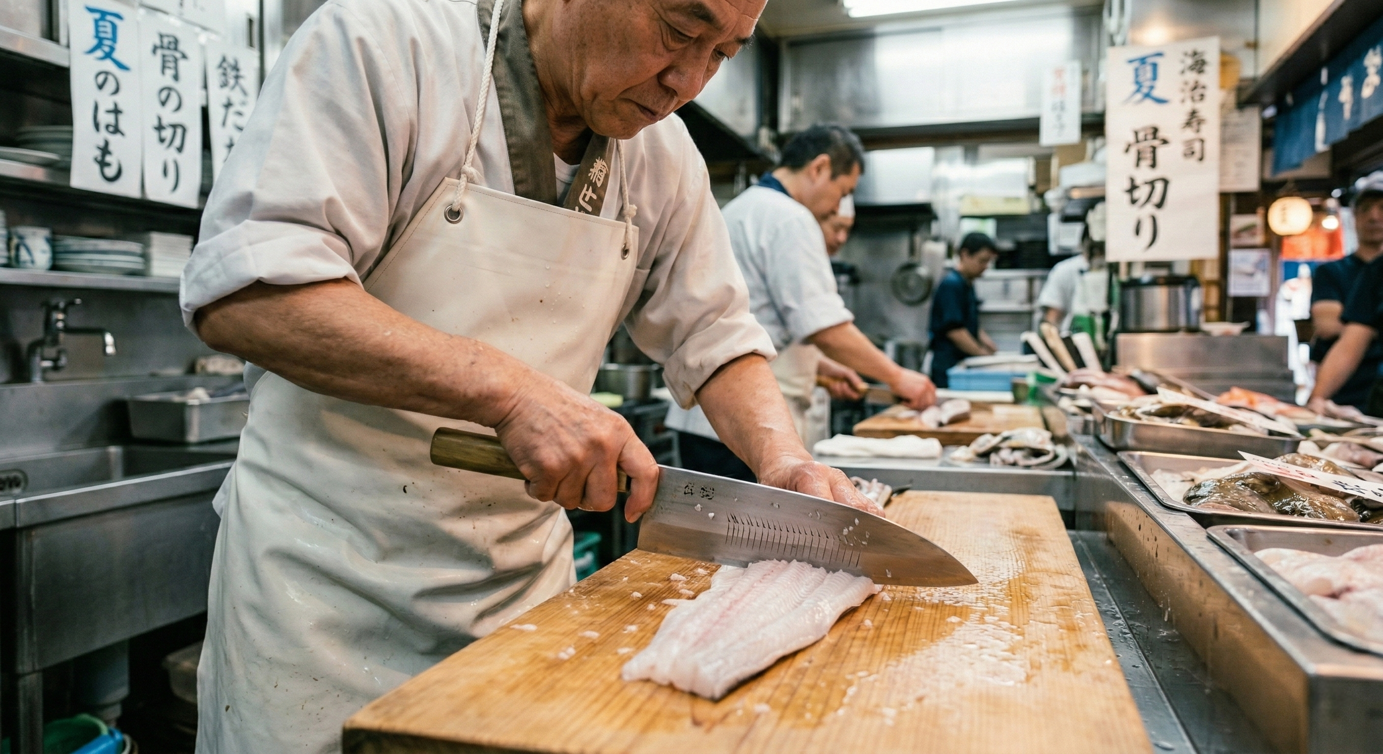 A detailed view of a chef's hands using a sharp steel knife to precisely score the white flesh of a pike conger eel on a wooden cutting board.