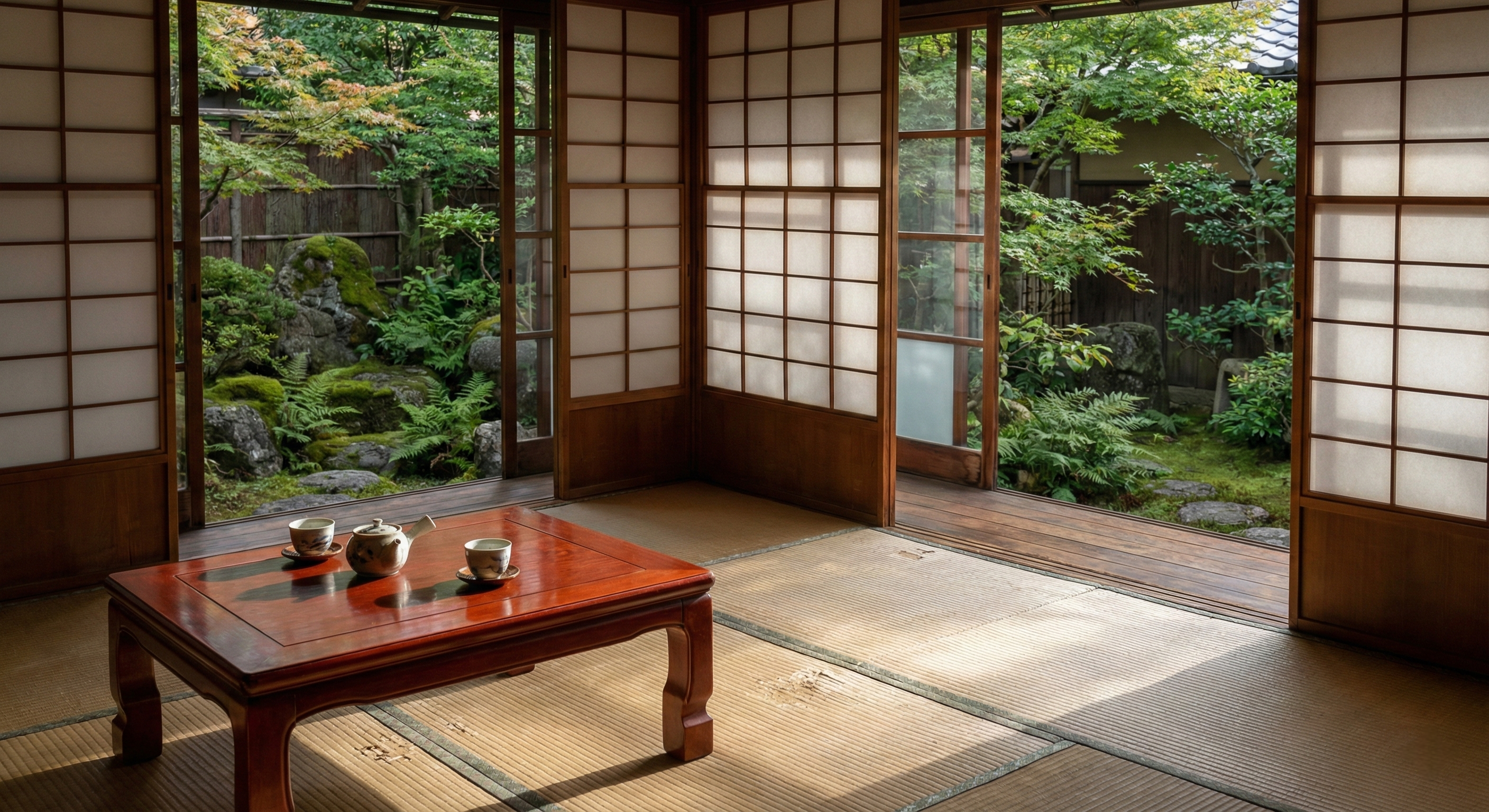 A peaceful traditional ryokan guest room featuring tatami straw mats, a low table set with tea, and shoji screens opening onto a lush private Japanese garden bathed in natural light.