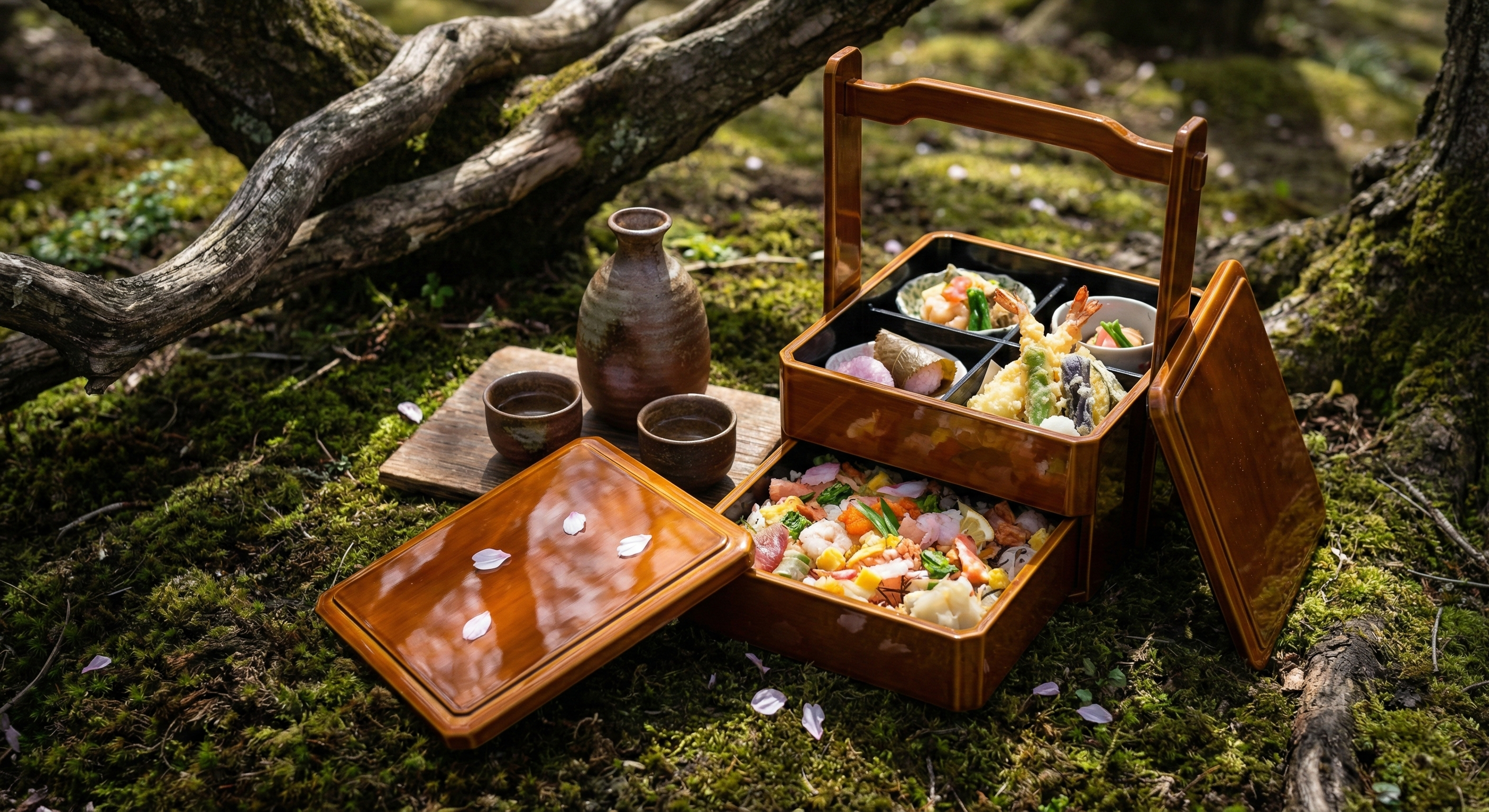 A close-up photograph of an elegant traditional Japanese lacquered bento box and a ceramic sake set arranged on the ground, with fallen pink cherry blossoms resting on the surfaces.