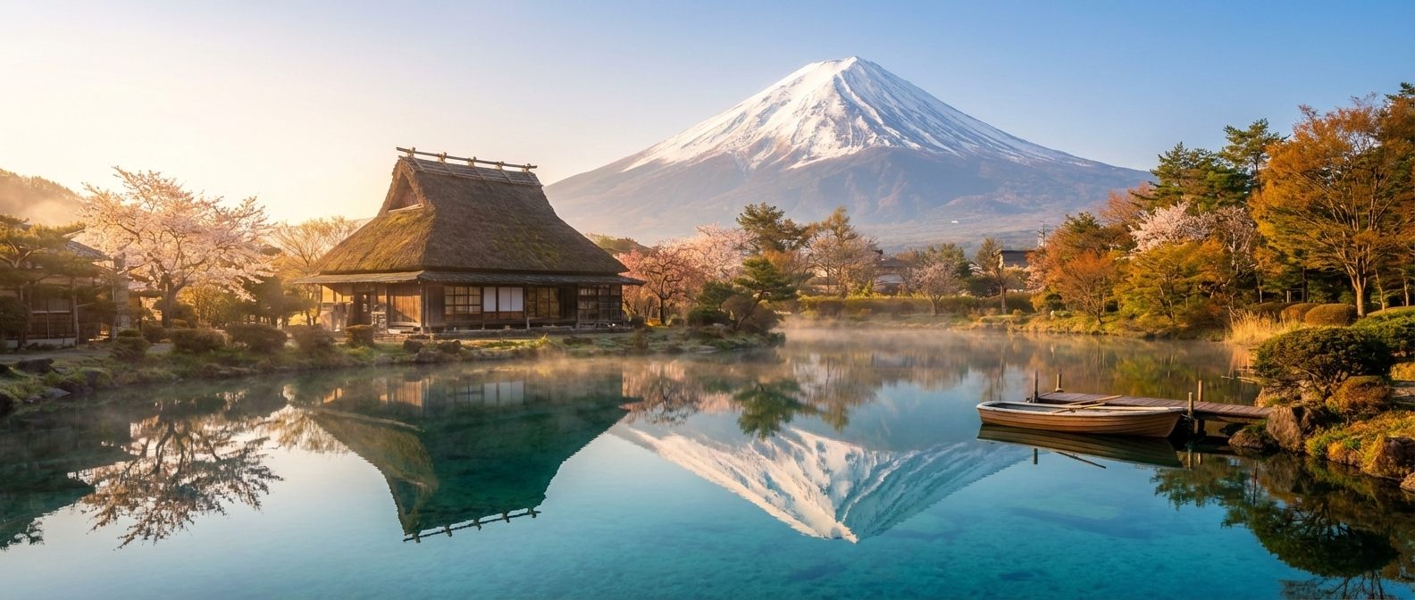 A breathtaking view of a traditional Japanese thatched-roof house next to a clear pond that perfectly reflects the snow-capped peak of Mount Fuji during a golden sunrise.