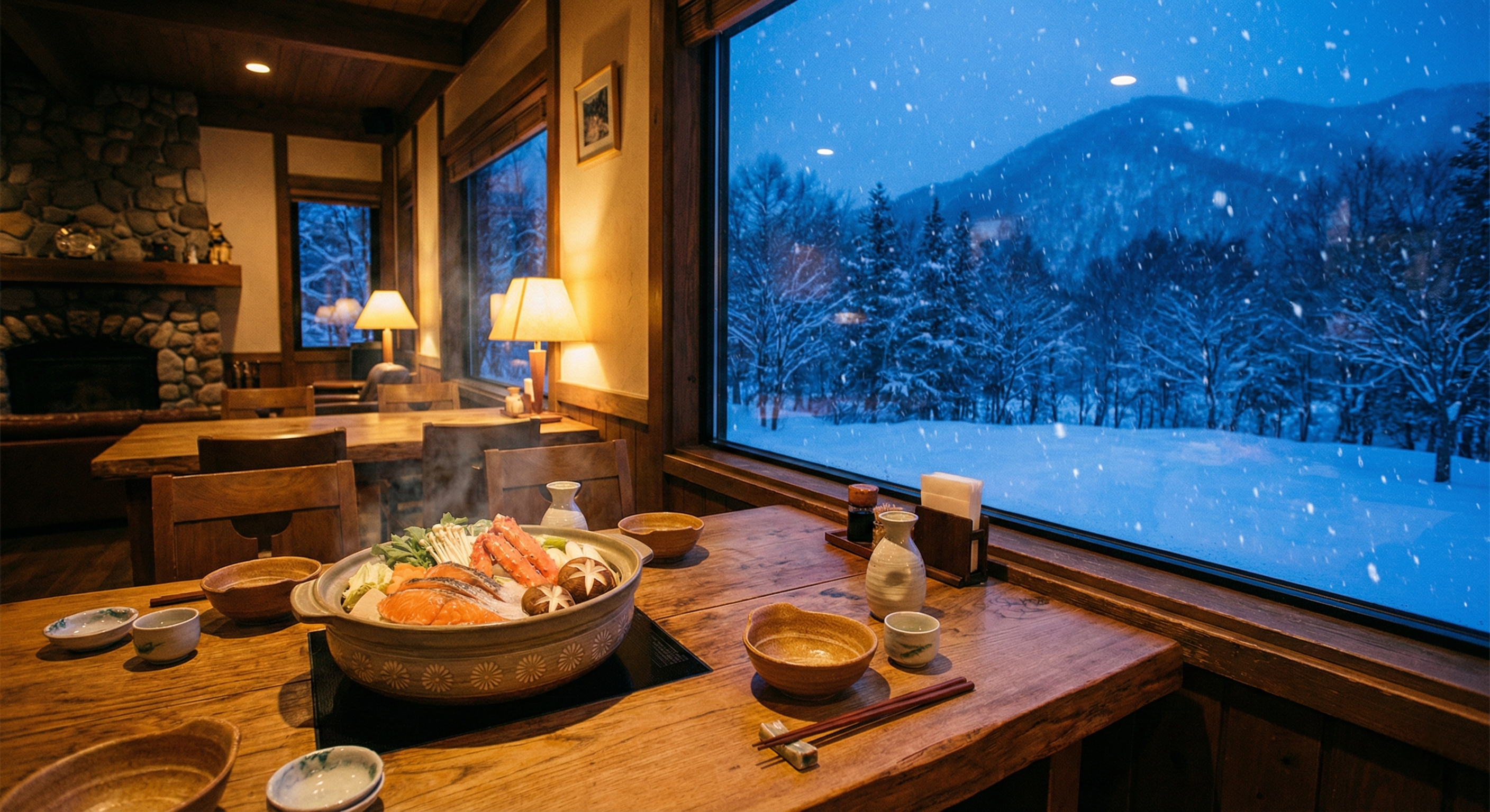 A cozy restaurant table features a delicious hot pot dinner next to a large window with a stunning view of heavy snow falling on a Niseko mountain landscape.