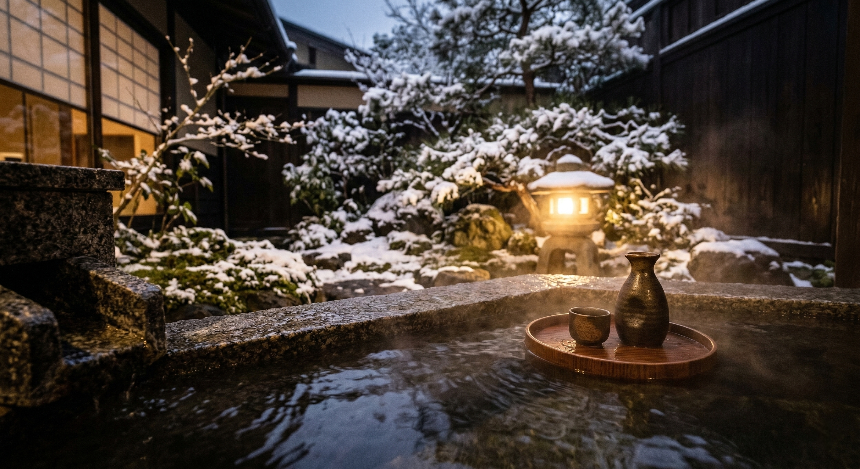 POV shot of a steaming stone outdoor hot spring bath overlooking a snowy Japanese garden with a floating tray of sake and warm lantern light.