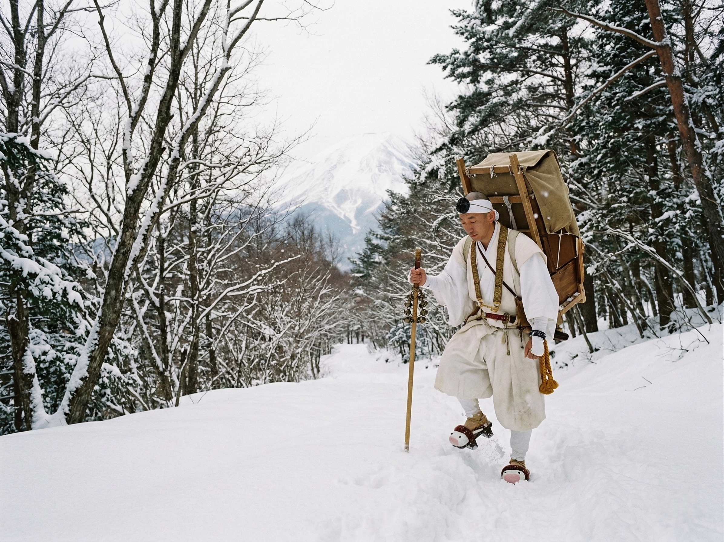 A documentary-style image of a Yamabushi mountain monk wearing traditional white robes, hiking resolutely through deep, untouched snow on a sacred mountain trail during a quiet winter day.
