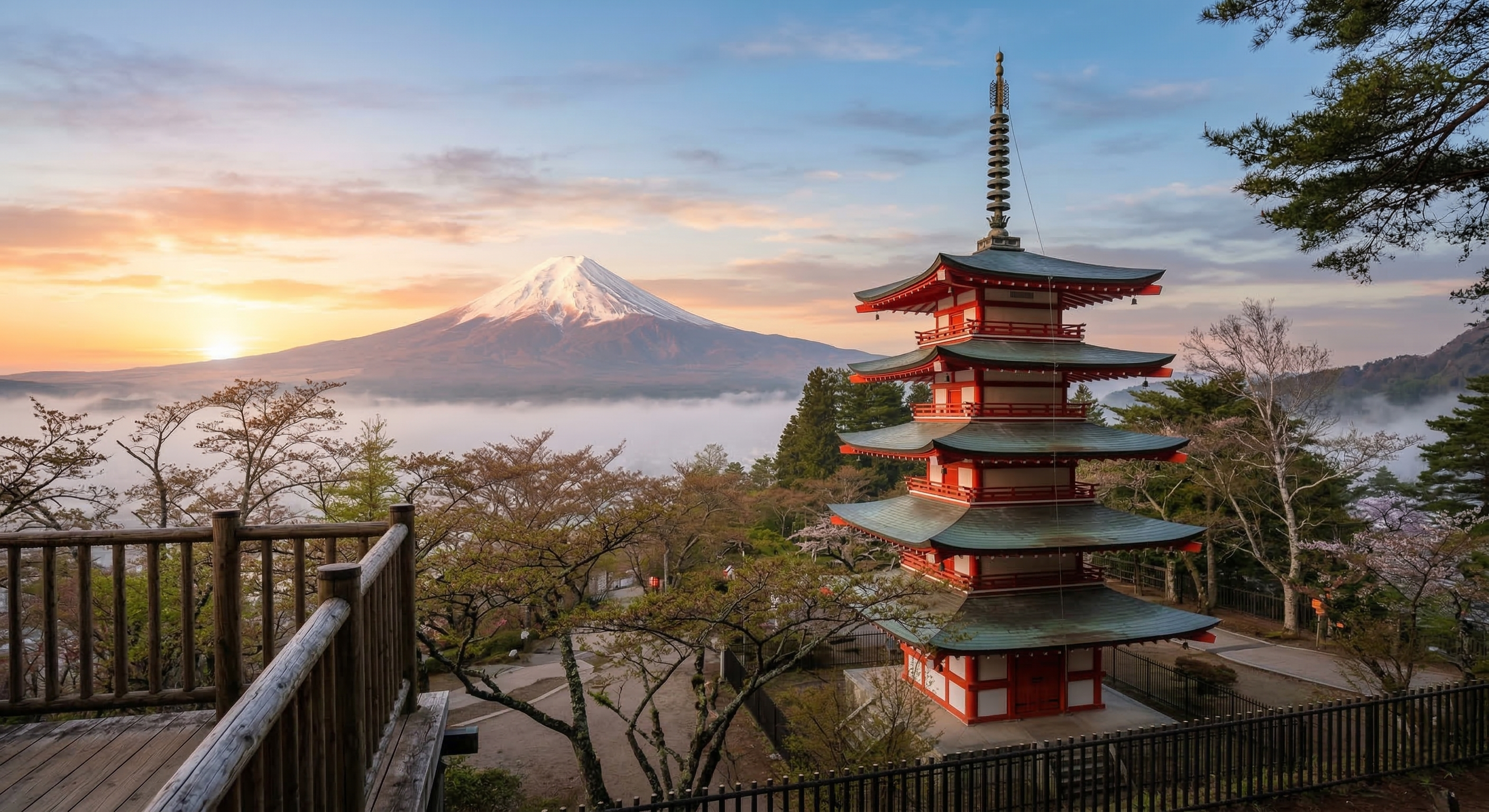 The five-storied Chureito Pagoda stands elegantly on a hillside during a misty sunrise with the massive, snow-covered Mount Fuji towering majestically in the background under soft light.