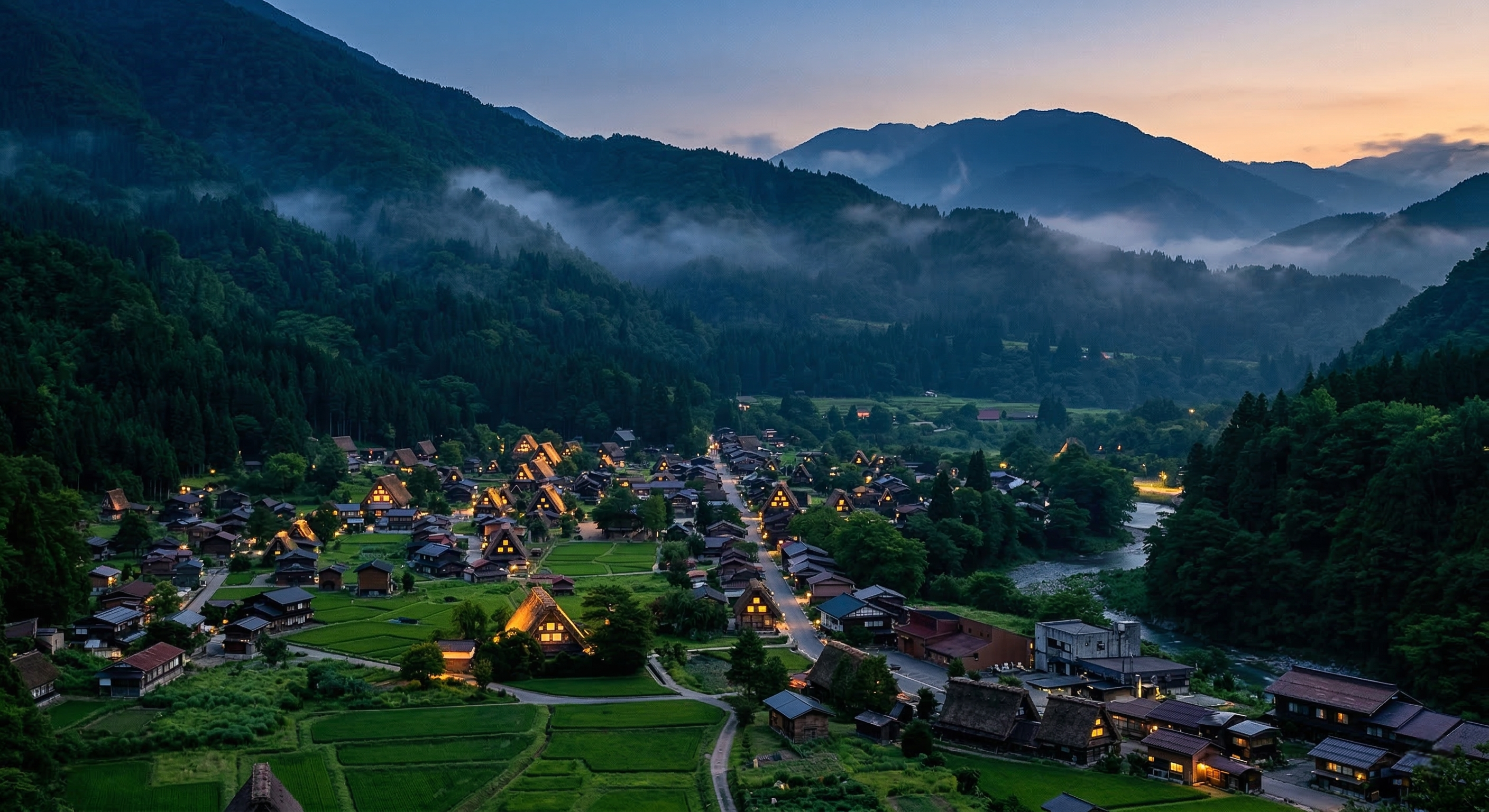A high-angle panoramic view of a traditional Japanese village with steep thatched roofs nestled in a lush green valley under a soft sky with misty mountains in the distance.