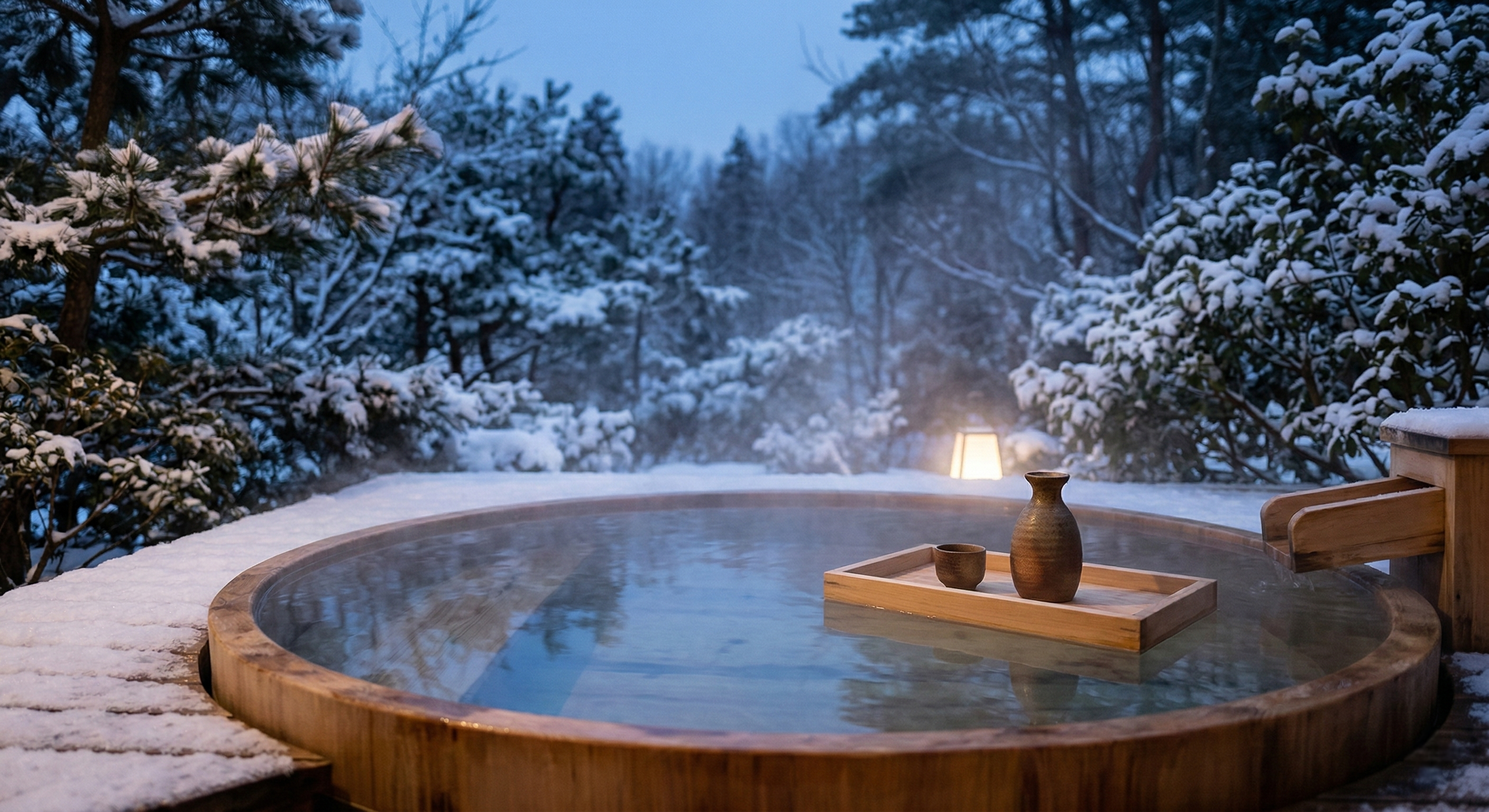 A steaming, private outdoor cypress hot spring bath surrounded by snow-dusted pine trees and traditional Japanese stone landscaping under a twilight sky.