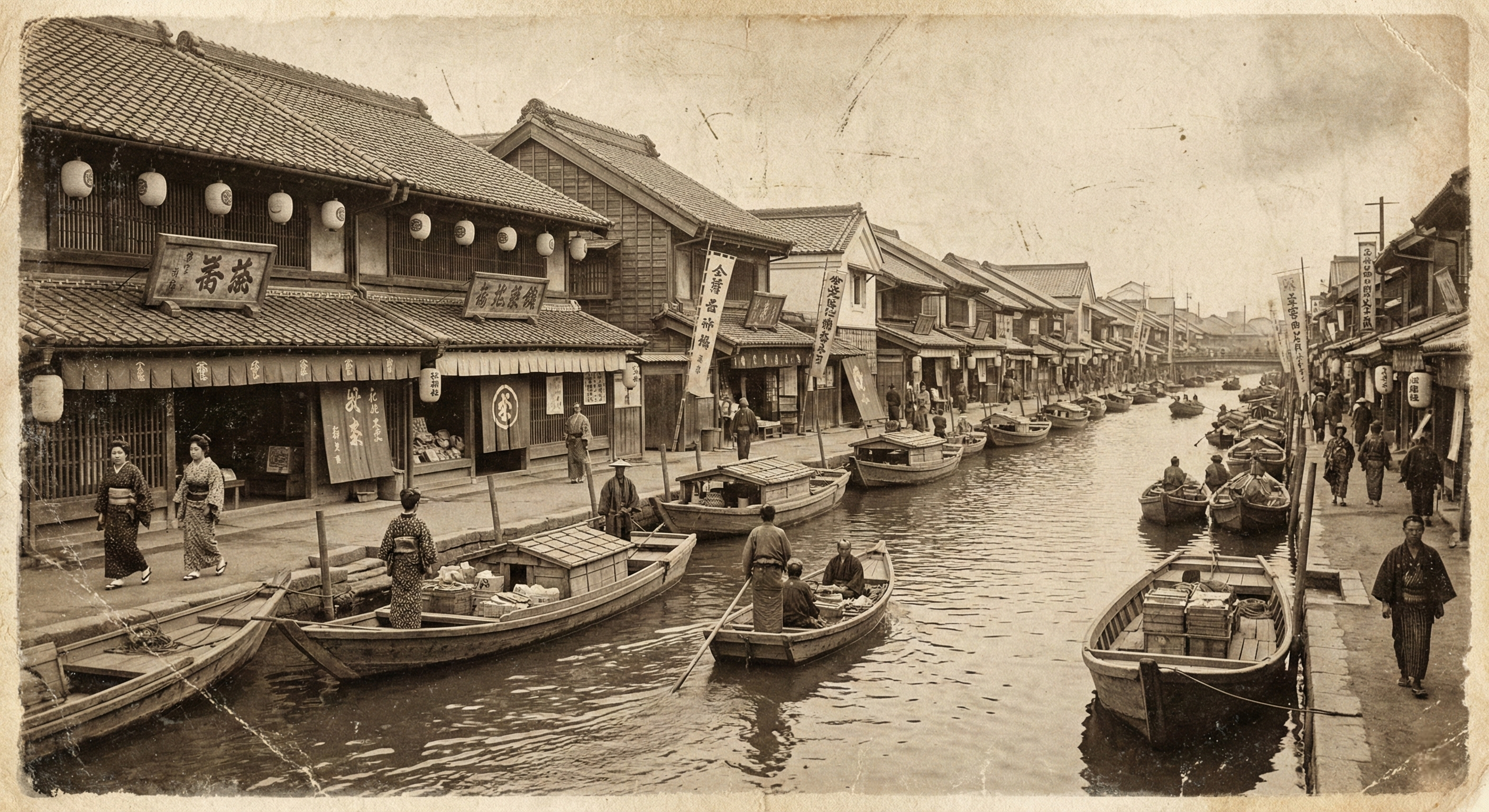 A vintage black and white archival photograph of the Dotonbori canal in early 1900s Osaka, showing traditional wooden merchant buildings, small riverboats, and a tranquil, pre-modernized urban landscape.