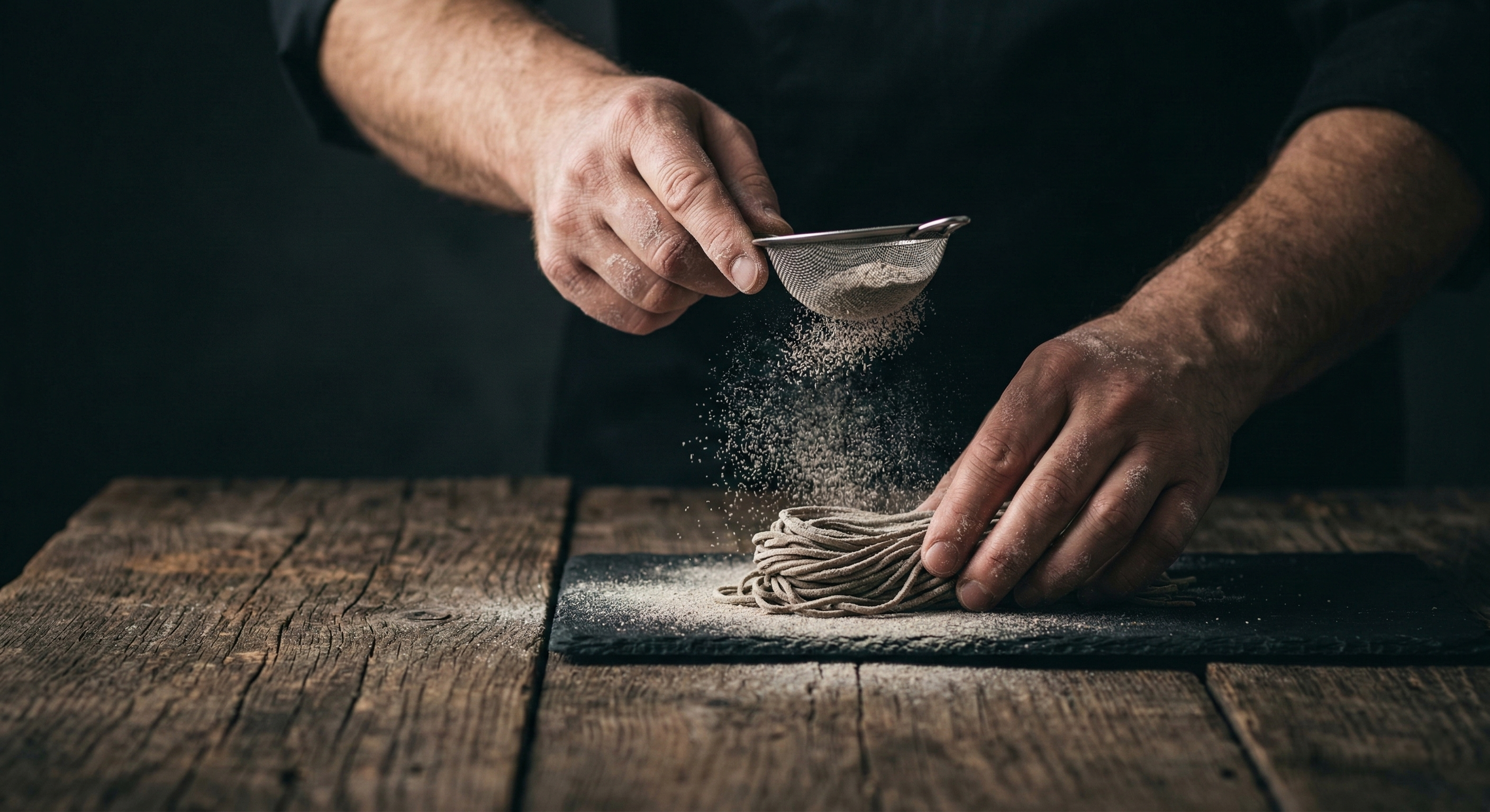 Macro shot of a chef's hands dusting flour over dark, hand-cut soba noodles on a rustic wooden table with dramatic lighting.