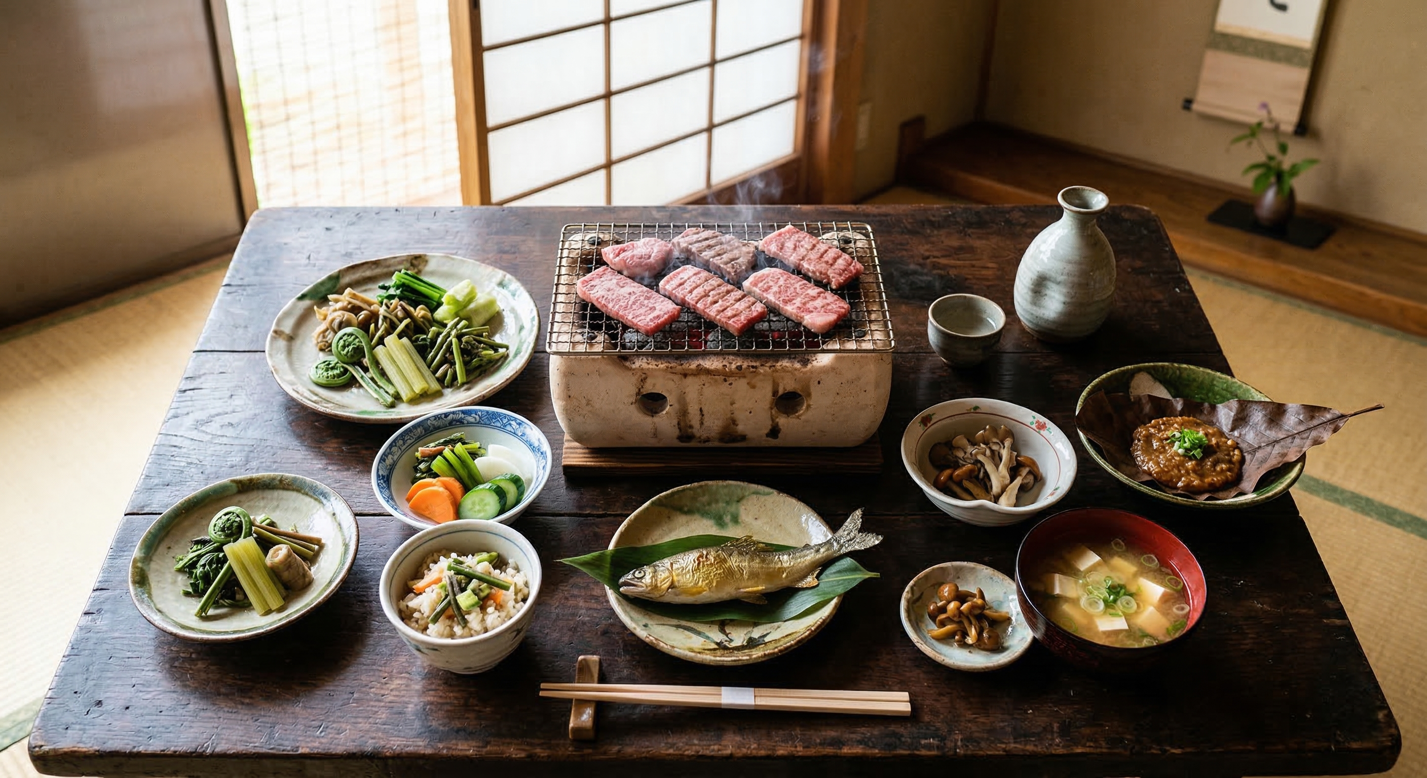 A beautiful kaiseki spread on a traditional low wooden table features plates of raw Hida beef, colorful mountain vegetables, and river fish. The lighting is soft and warm.
