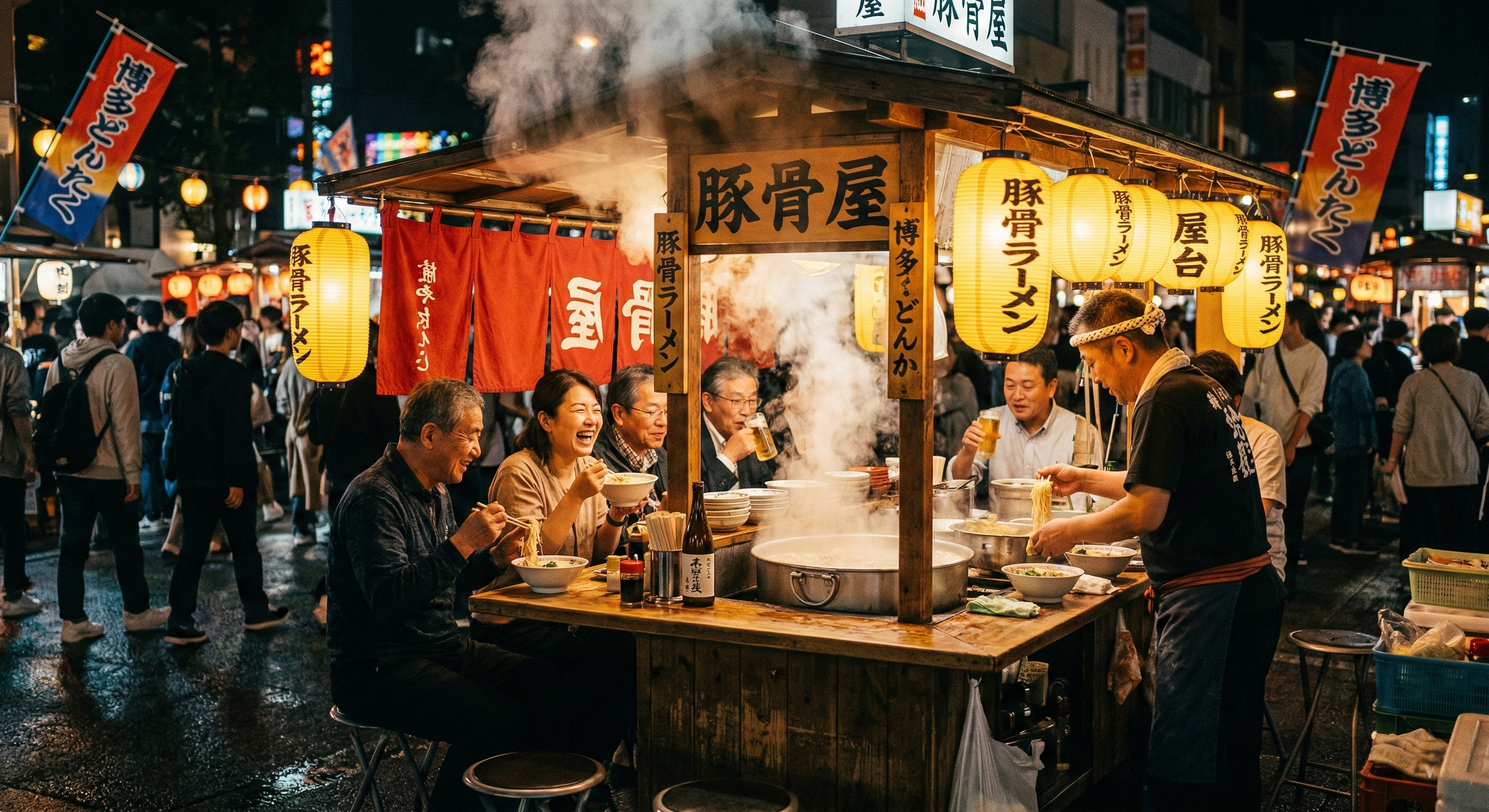 A vibrant night scene of a traditional Japanese open-air food stall in Fukuoka, featuring glowing lanterns, rising steam, and diners enjoying regional specialties during the festive Golden Week.