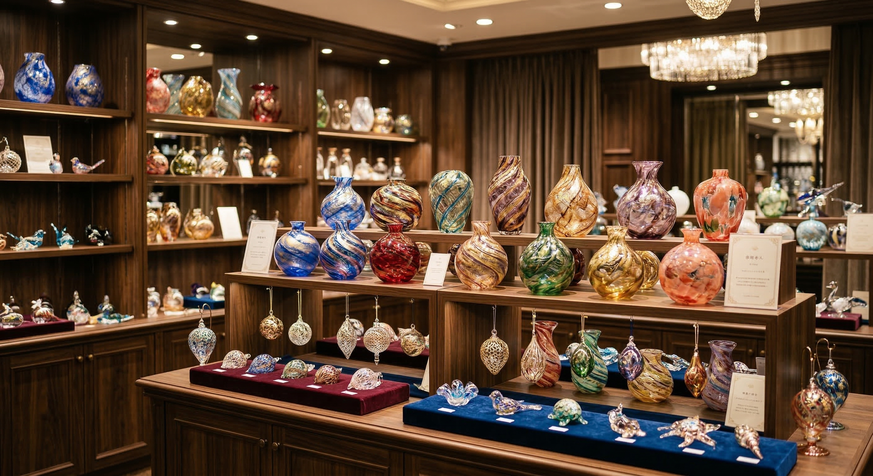 Intricate and colorful hand-blown glass ornaments and vases displayed in a luxury boutique in Otaru.