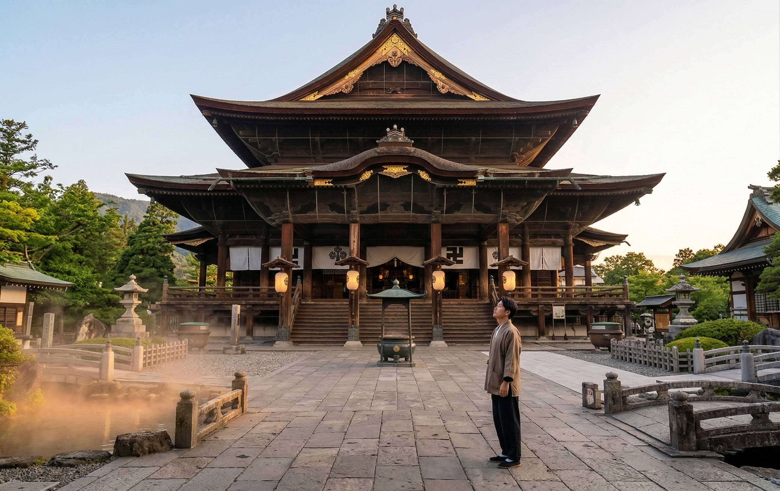 Elegant traveler observes Zenkō-ji Temple's intricate Main Hall architecture under warm afternoon light, a serene moment amidst historic grounds.