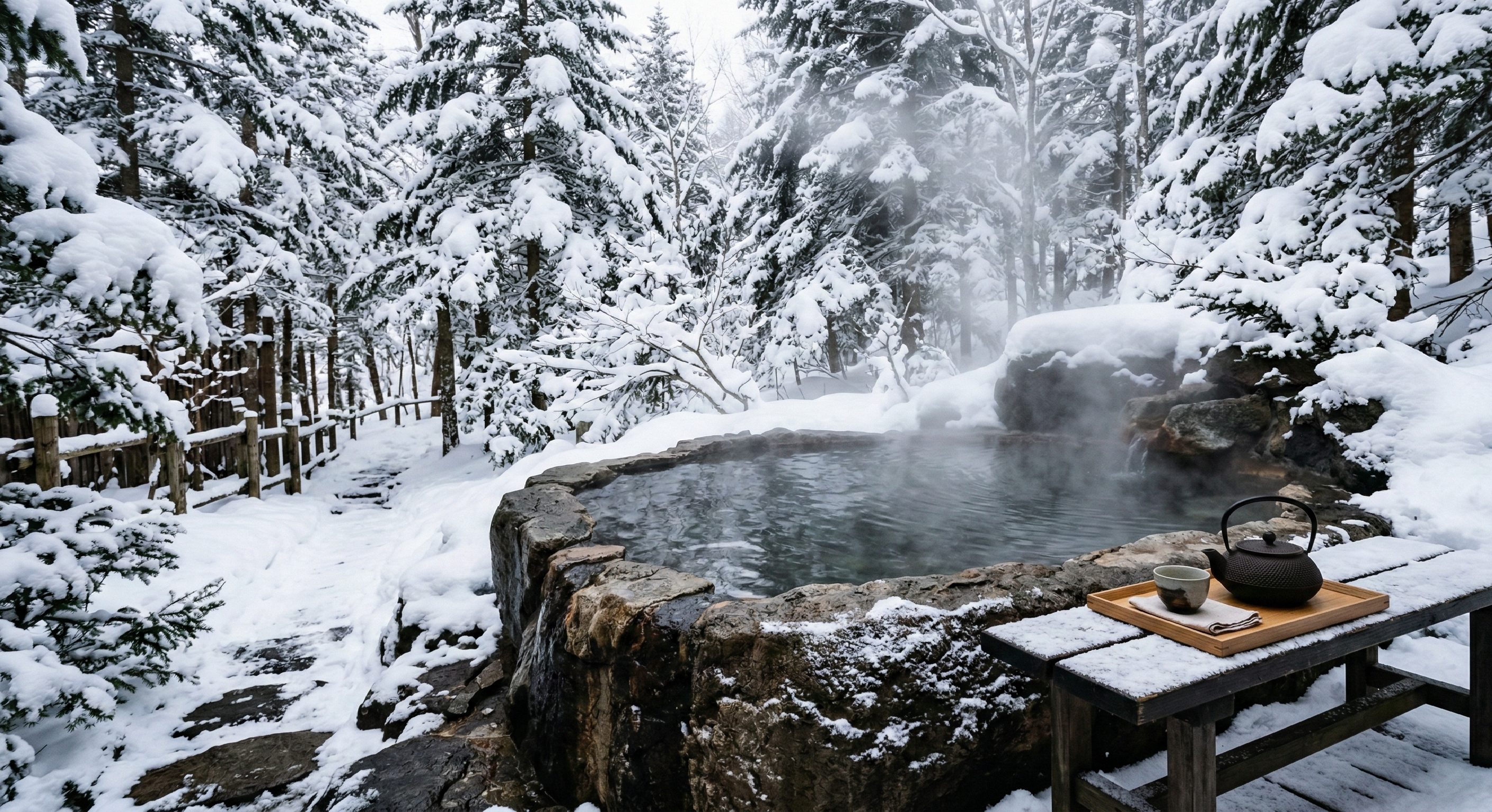 A steaming natural stone onsen bath set against a backdrop of snow-covered pine and rugged mountain terrain, blending wild nature with refined luxury and profound silence.