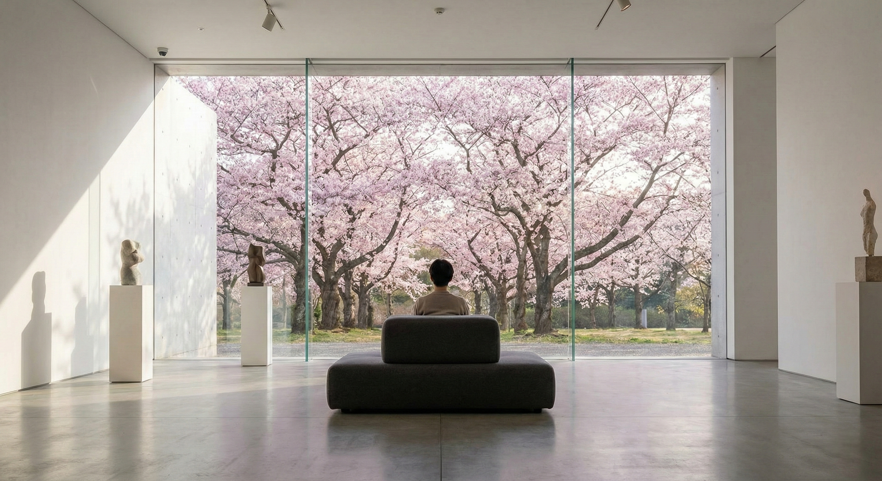 A view through a large museum window looking out onto vibrant cherry blossoms, showing a quiet, modern interior that provides a peaceful escape from the outdoor crowds.
