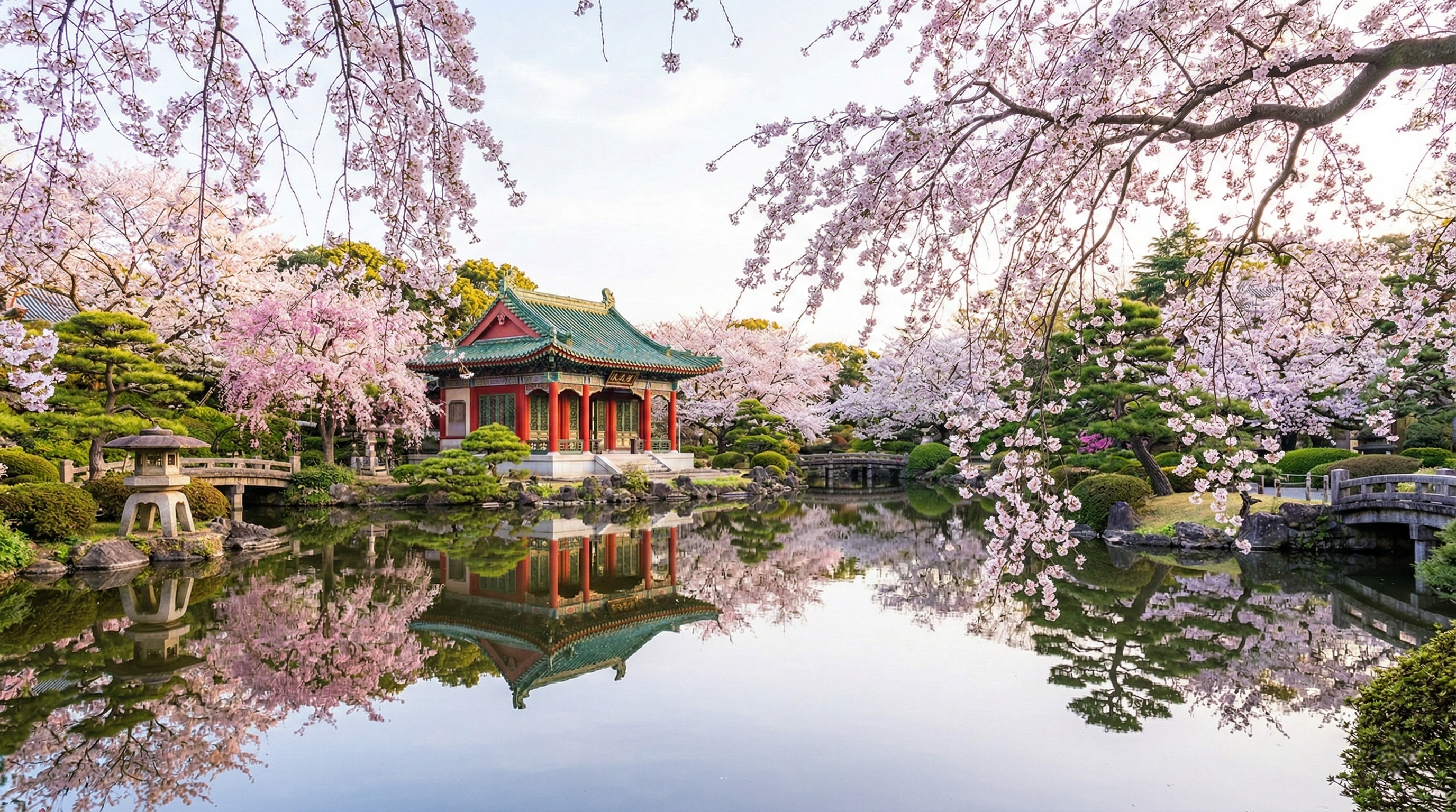 A tranquil scene of the Japanese Traditional Garden at Shinjuku Gyoen, featuring the historic Taiwan Pavilion reflecting in a still pond framed by cascading pale pink weeping cherry blossoms.