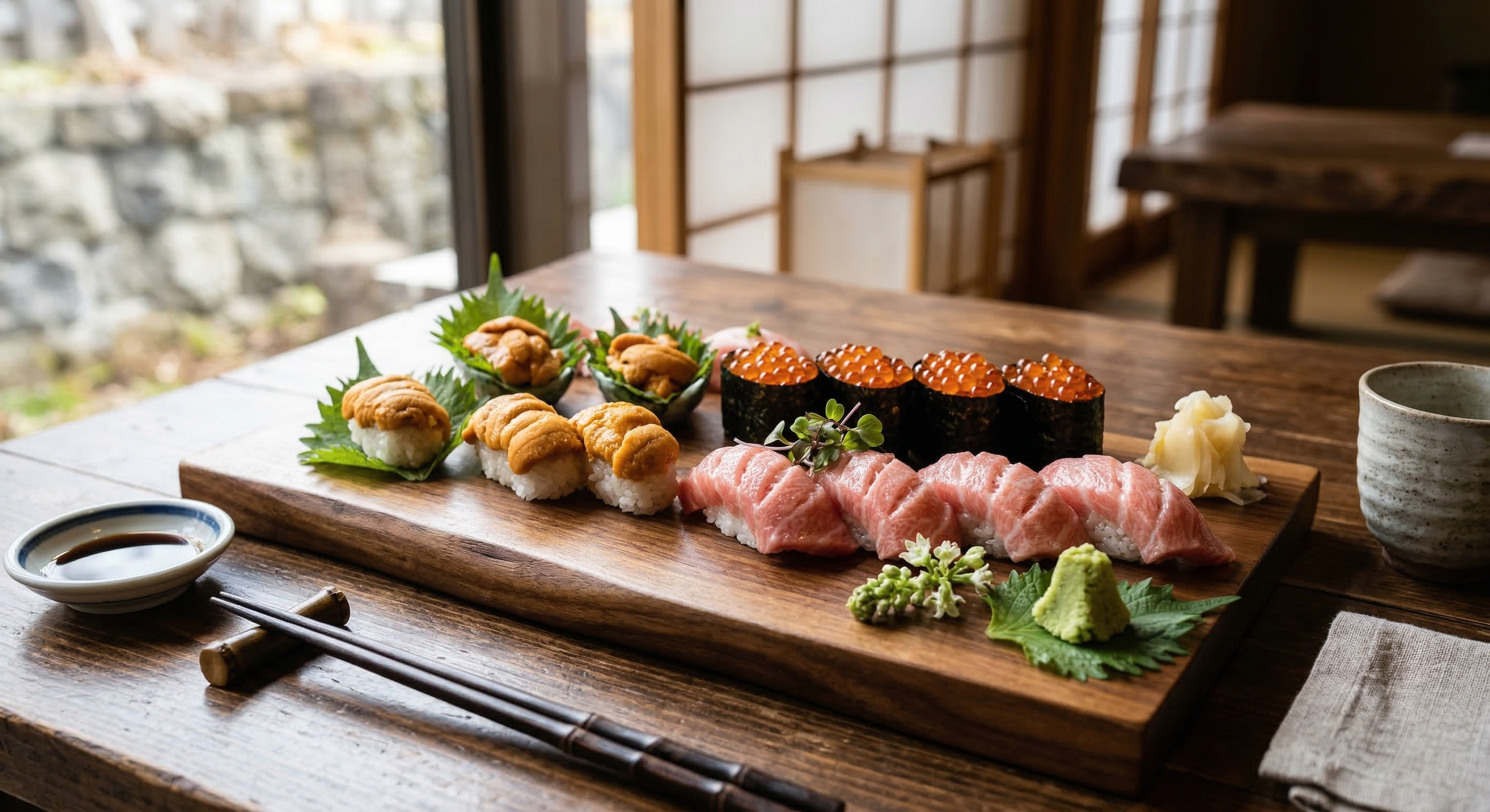 A high-end sushi platter featuring fresh sea urchin, salmon roe, and fatty tuna from Otaru, Japan.