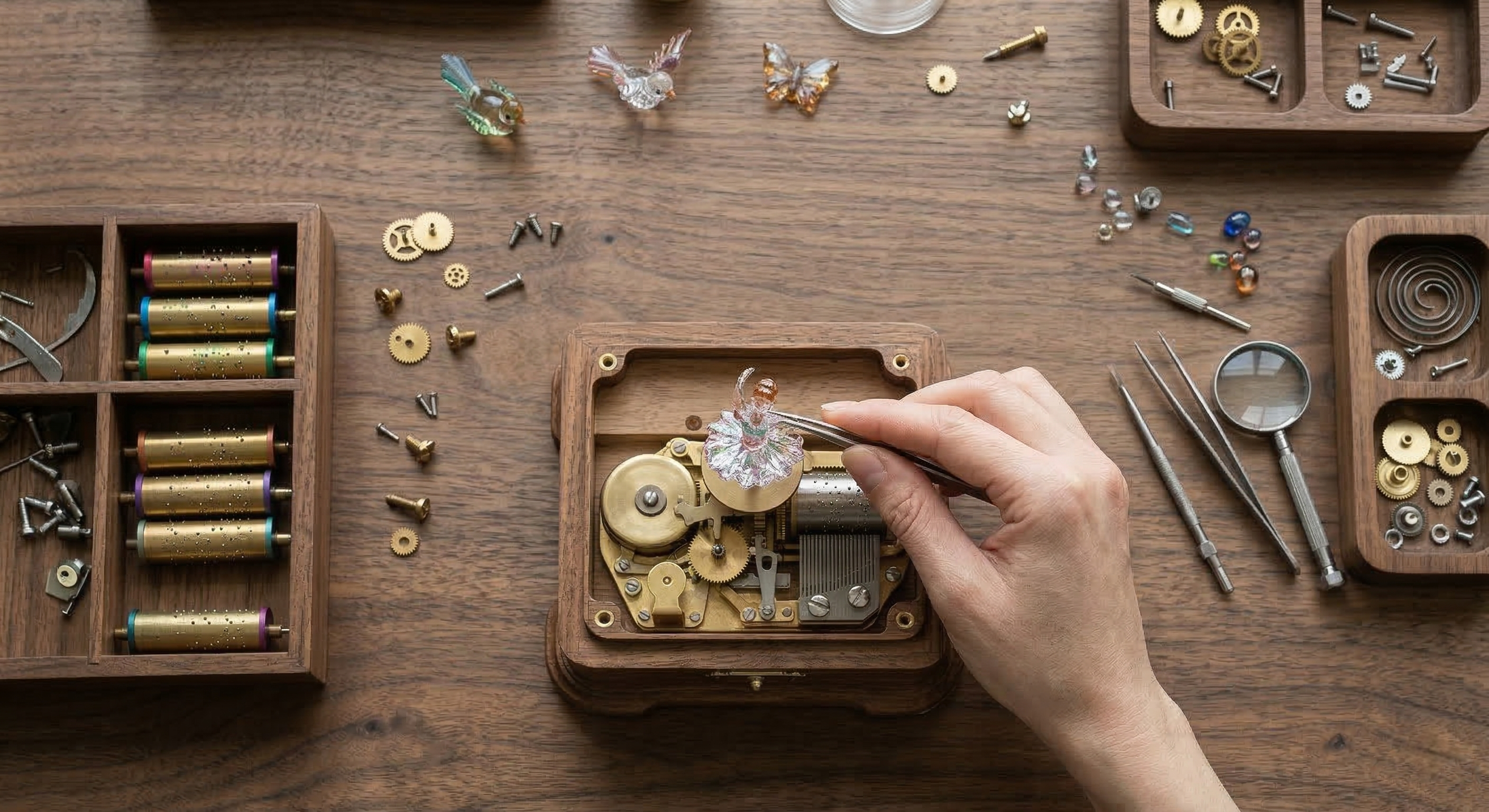Close-up of hands thoughtfully arranging small decorative pieces and selecting a melody to build a personalized, custom music box in Otaru, Hokkaido.