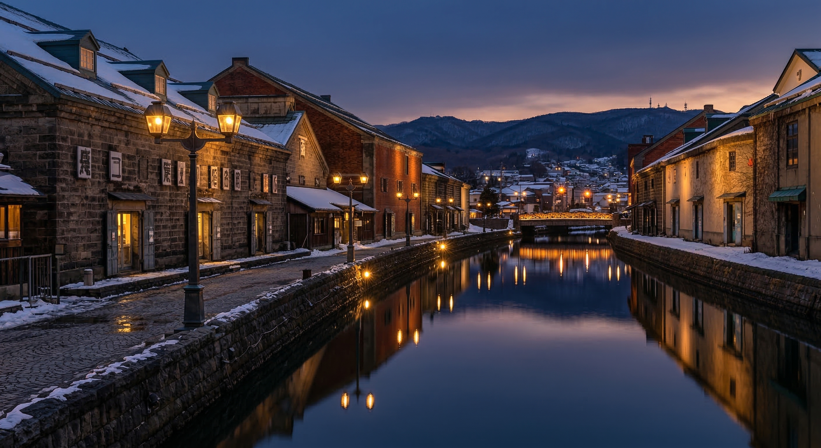 A scenic view of the Otaru Canal in Japan featuring historic stone warehouses and glowing gas lamps at twilight.
