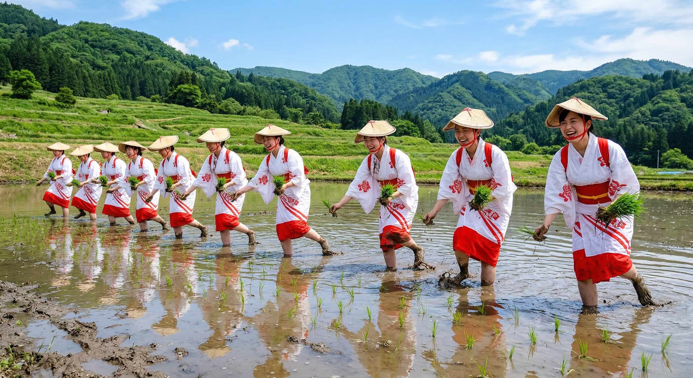 A group of traditional Japanese dancers in ceremonial robes and woven hats perform a ritual rice-planting dance in a flooded paddy field during a sacred spring festival in Japan.