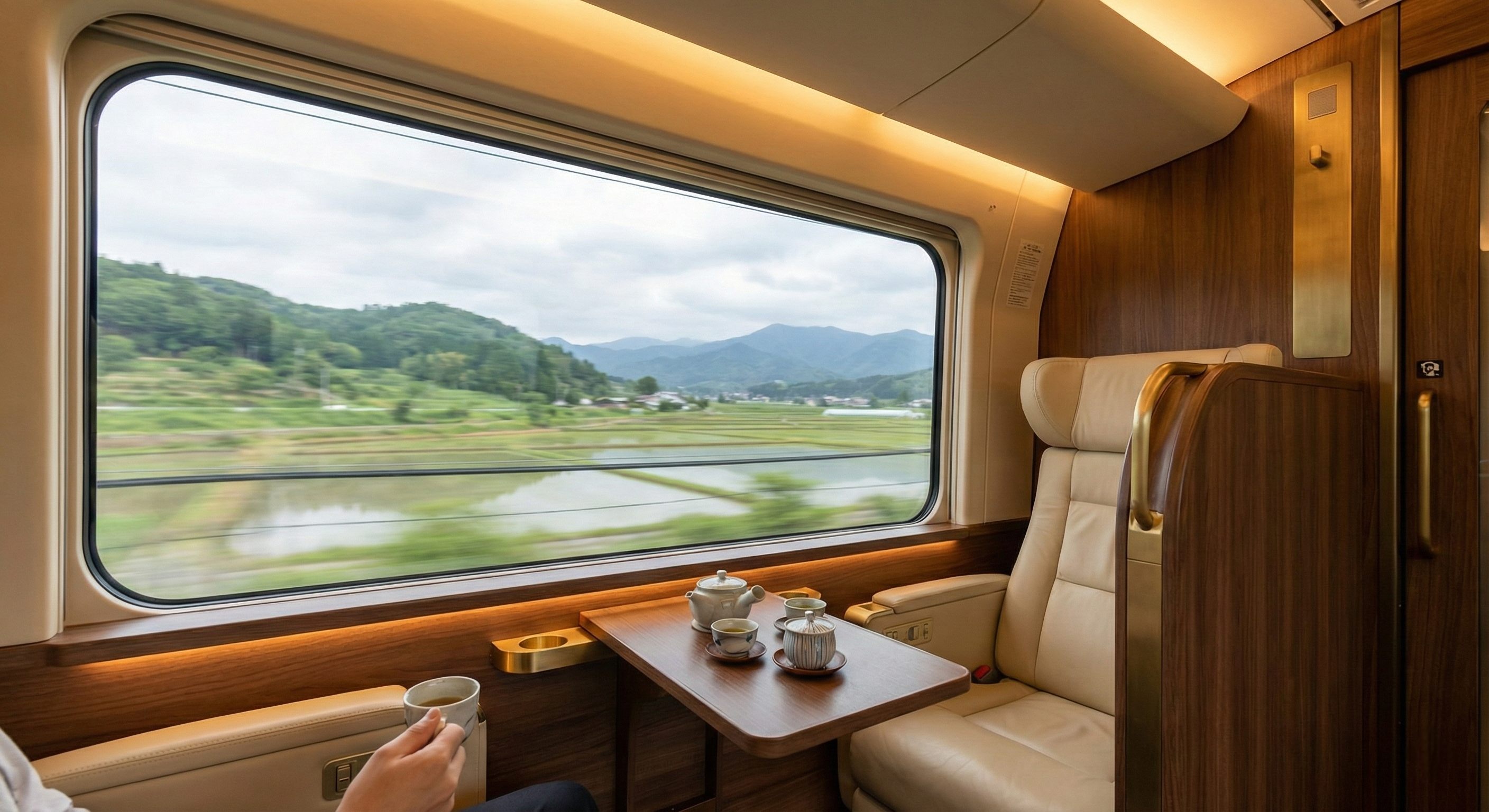 A passenger relaxes inside a modern, wood-paneled private Shinkansen cabin with soft ambient lighting, looking out a large window at the passing green countryside Japanese.