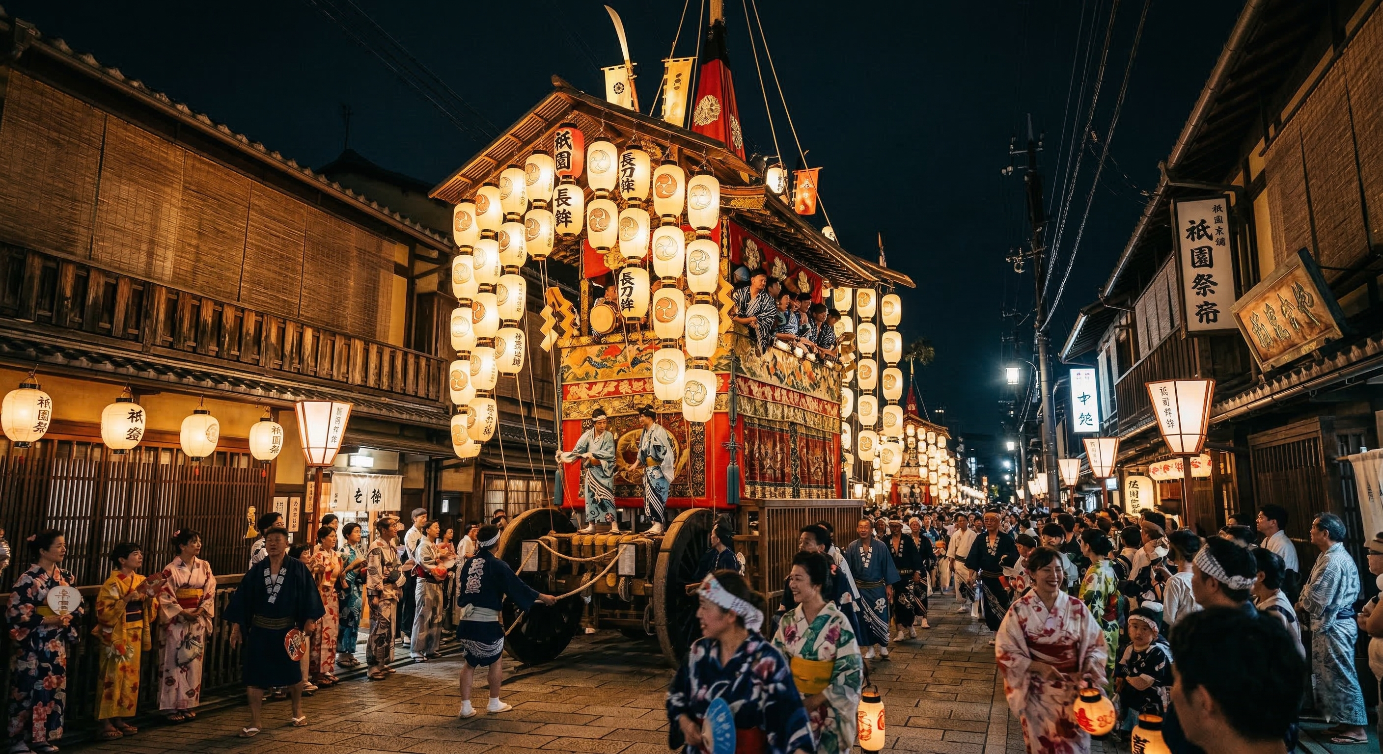 A massive, intricately decorated wooden festival float with glowing paper lanterns stands tall in a historic Kyoto street at night during the month-long Gion Matsuri celebrations in Japan.